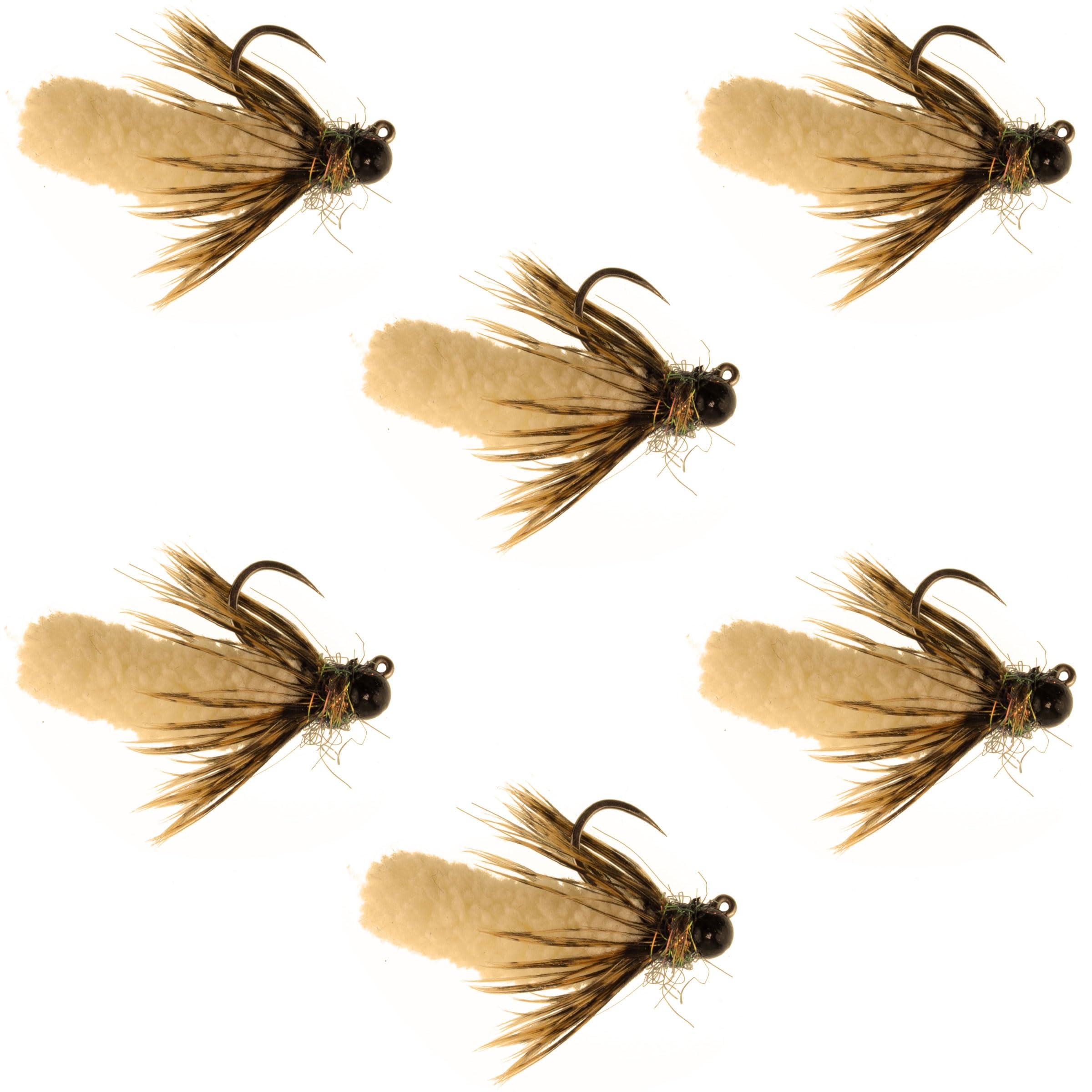 The Fly Fishing Place Tungsten Bead Tan Mop Fly Tactical Jig Czech Euro Nymph Barbless Nymphing Fly - 6 Flies Size 14
