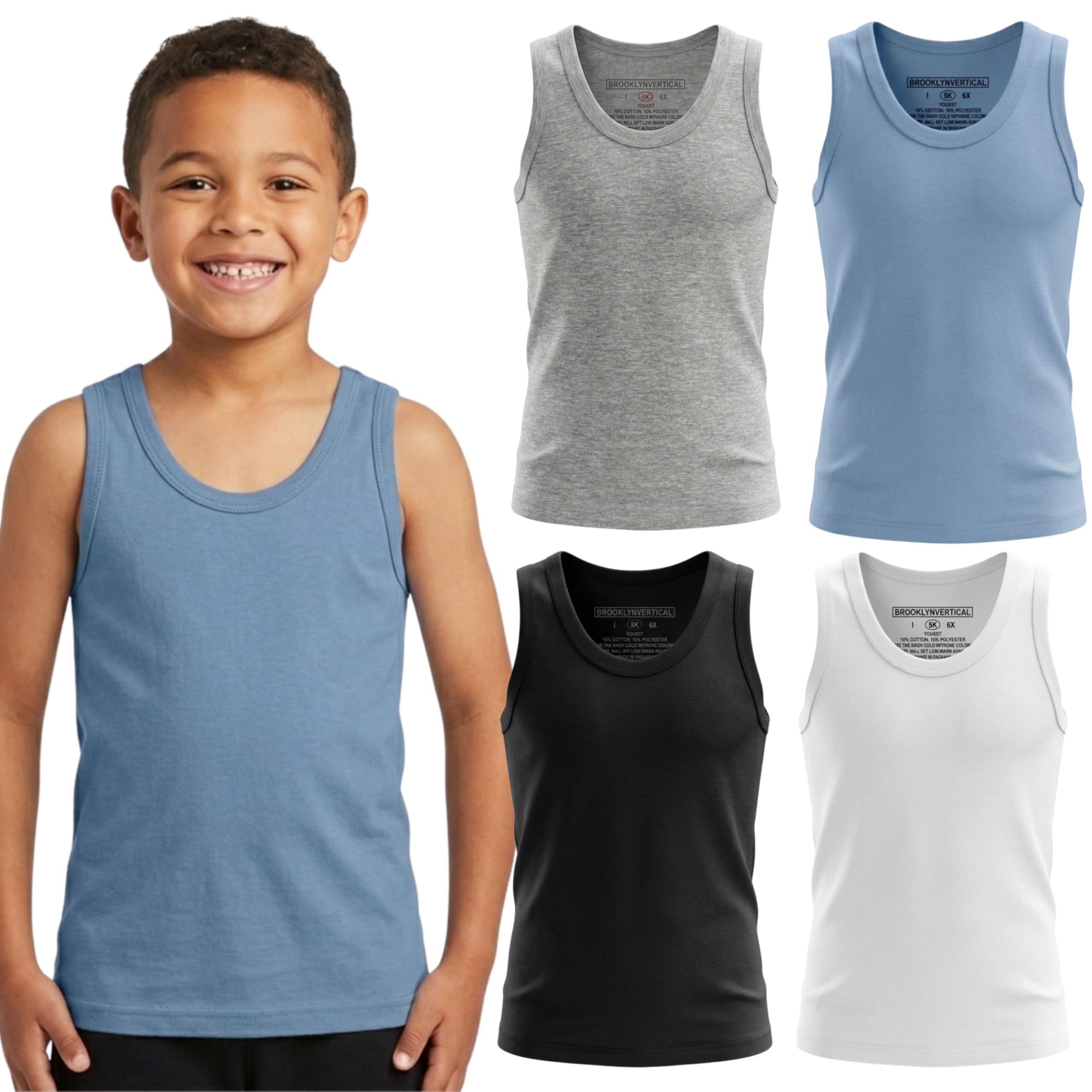 BROOKLYN VERTICAL Boys 4 Pack Undershirt Tank Top - Tagless Cotton Super Soft Runs Small