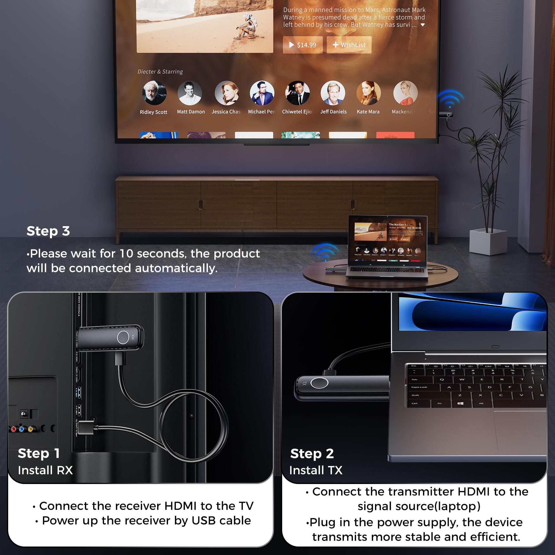 Aceele Bezprzewodowy nadajnik i odbiornik HDMI, Full HD 1080p HDMI nadajnik i odbiornik 50 m, bezprzewodowy adapter wyświetlacza 2,4 G/5G do strumieniowego przesyłania wideo z laptopa/komputera do