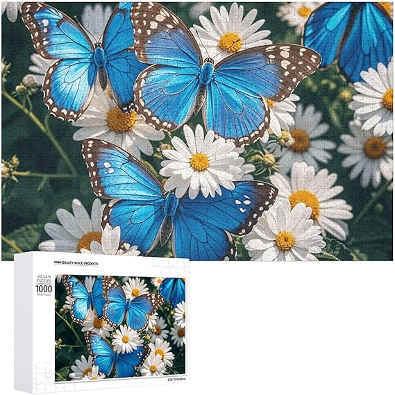 Blue Butterflies White Flowers Puzzles for Adults