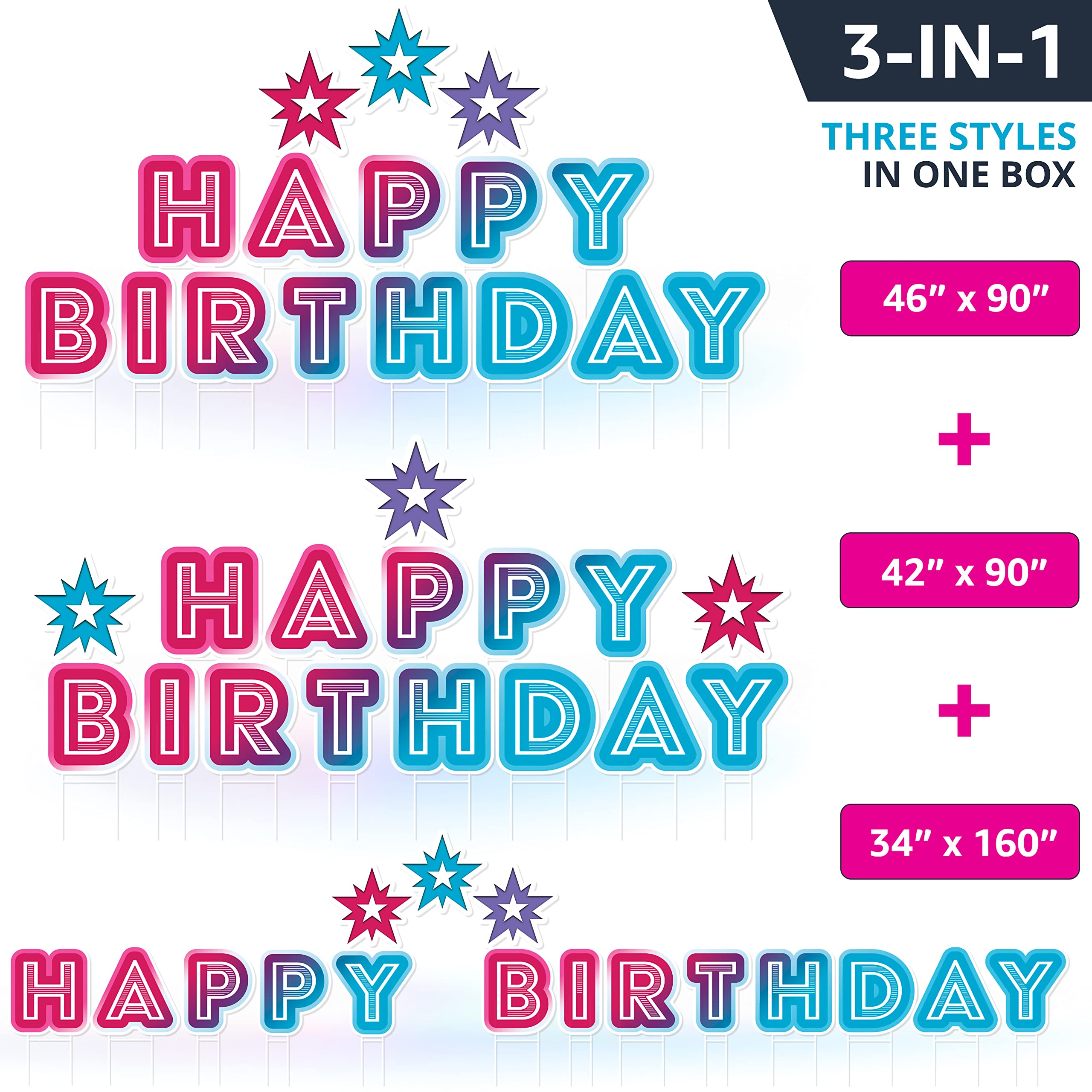 Yardilio 'Happy Birthday' znak ogrodowy - nie blaknie ani nie łuszczy się baner urodzinowy 3 w 1 - żywy kolor, odporny na warunki atmosferyczne i wielokrotnego użytku - trwałe słupki ze stali