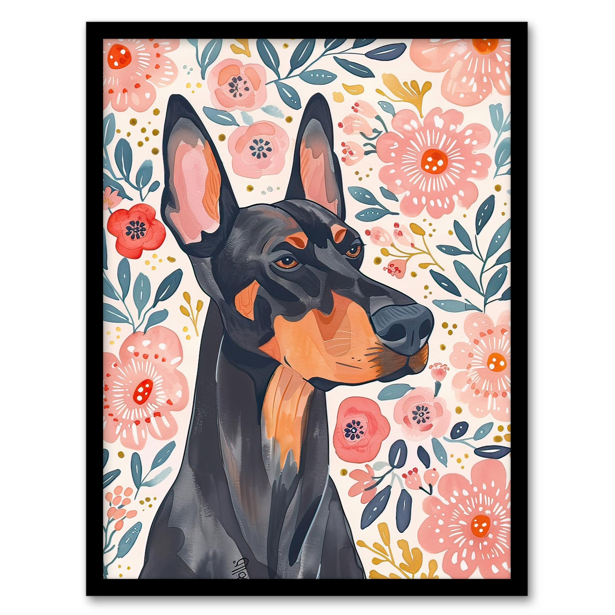 Artery8 Dog Lover Doberman Portrait Pink Floral Folk Art Living Room Artwork Framed Wall Art Print 18X24 Inch