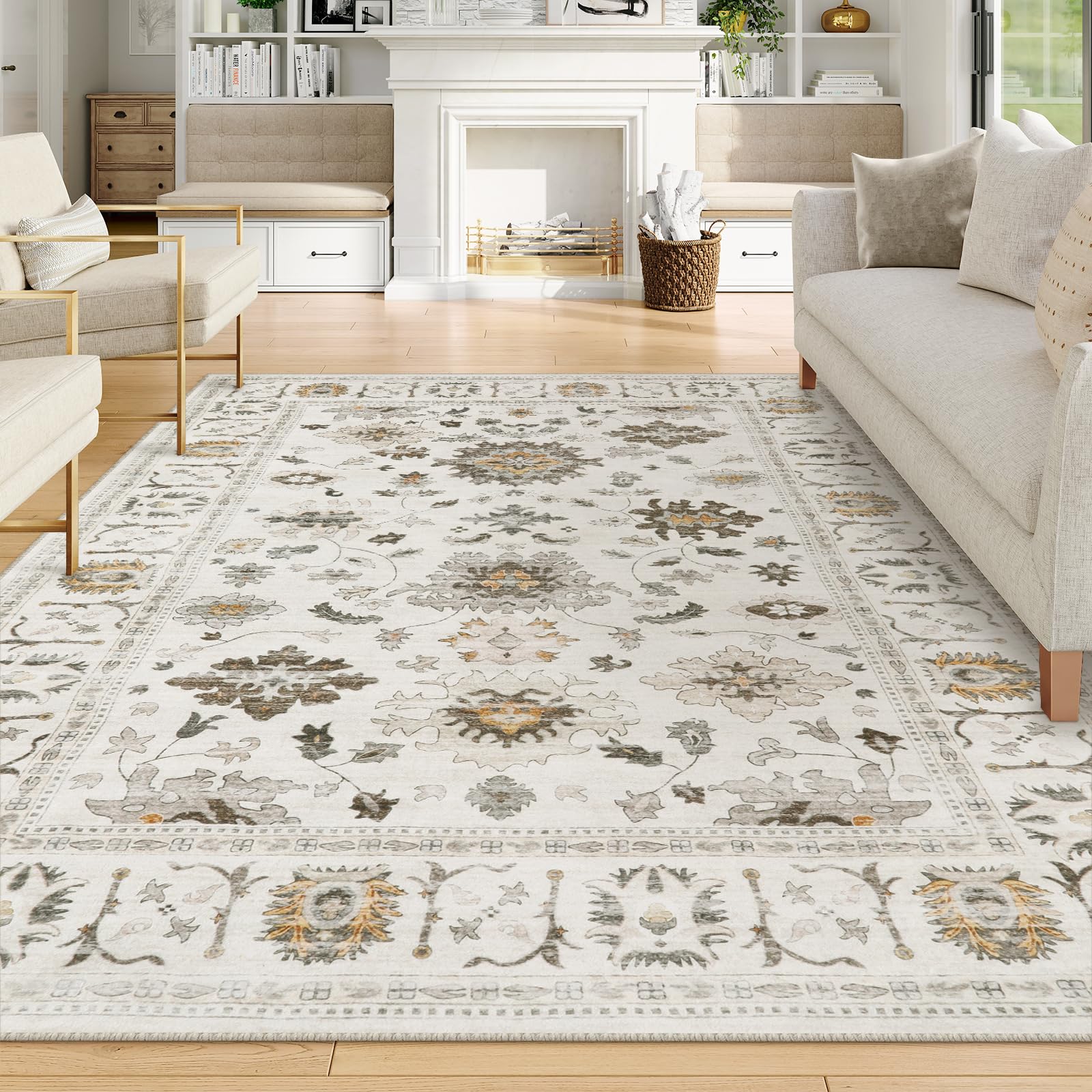 Lahome Vintage 8x10 Rug for Living Room,Low-Pile Soft Farmhouse Bedroom Rug Washable Area Rugs,Non-Slip Oriental Large Indoor Floor Carpet for Dining Room Playroom - Ivory
