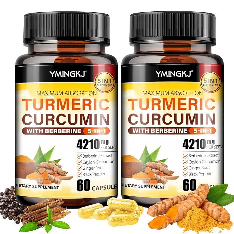 YMINGKJ Suplemento Fitoterápico de Cúrcuma com Berberis, Canela-do-Ceilão, Gengibre e Pimenta-preta 100 mg por cápsula, 120 cápsulas