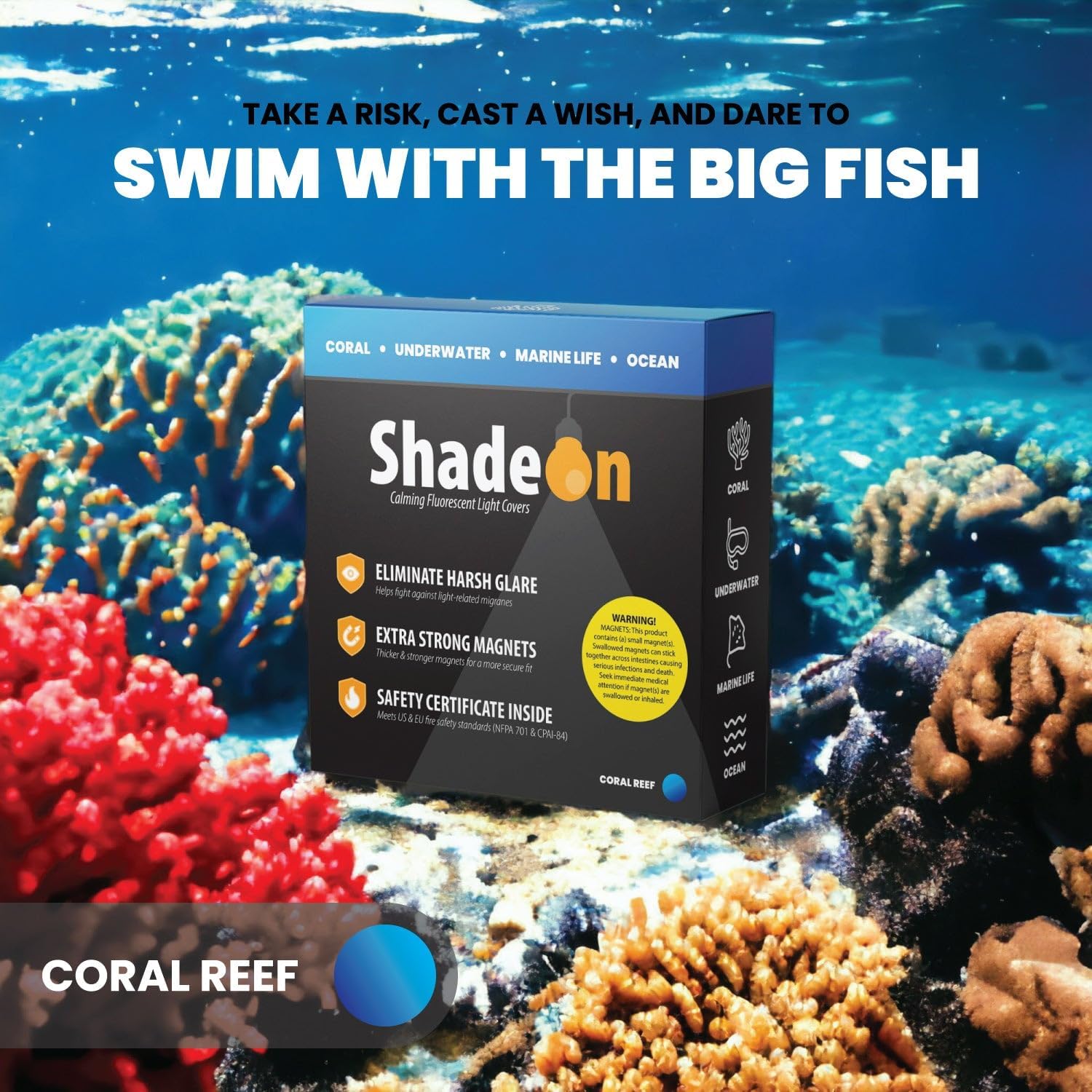 ShadeOn Fluorescent Light Covers for Ceiling Lights Classroom (4-Pack) - 2x4 ft Magnetic Office Light Covers for Fluorescent Lights, Ocean - Coral Reef