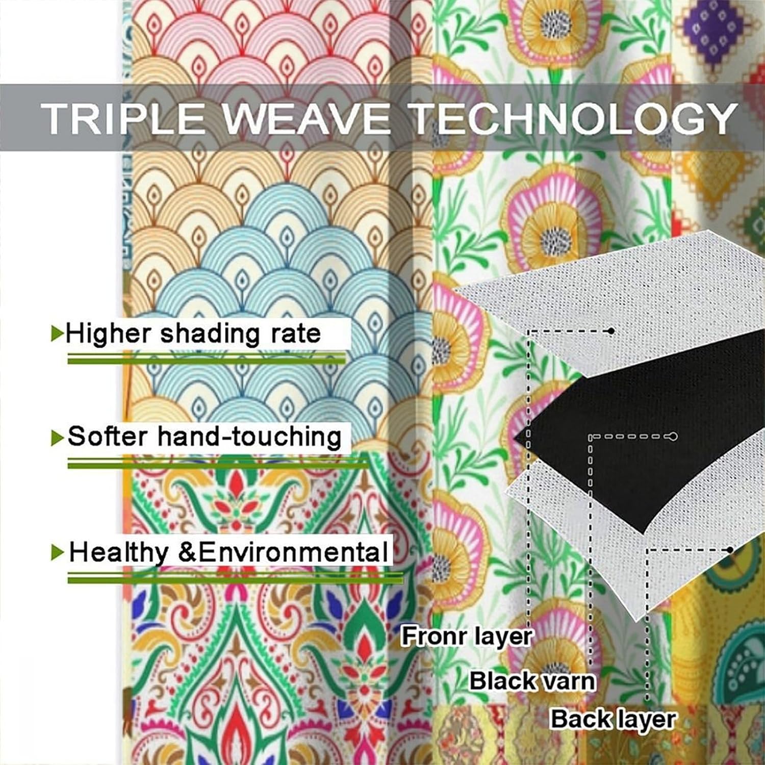 Patchwork Boho Curtains Bohemian Style Stitching Colorful Floral Vintage Retro Curtain with Rod Pocket for Bedroom Living Room Home Decor Drapes Window Treatments 2 Panels Set 55" W X 63" L