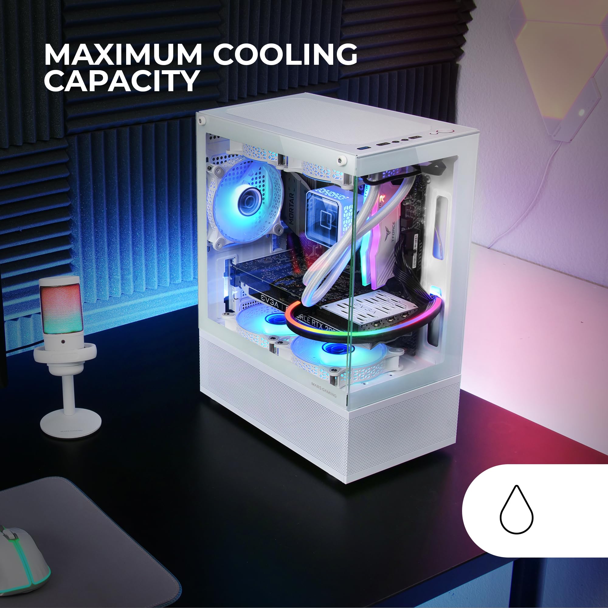 Mars Gaming MC-SE, Case PC Micro-ATX, Pannelli Frontali e Laterali Vetro Senza Cornice, Design Tecnologia AirTech Mesh, Mini Tower Gaming Doppia Camera, Supporto Raffreddamento a Liquido, Bianco