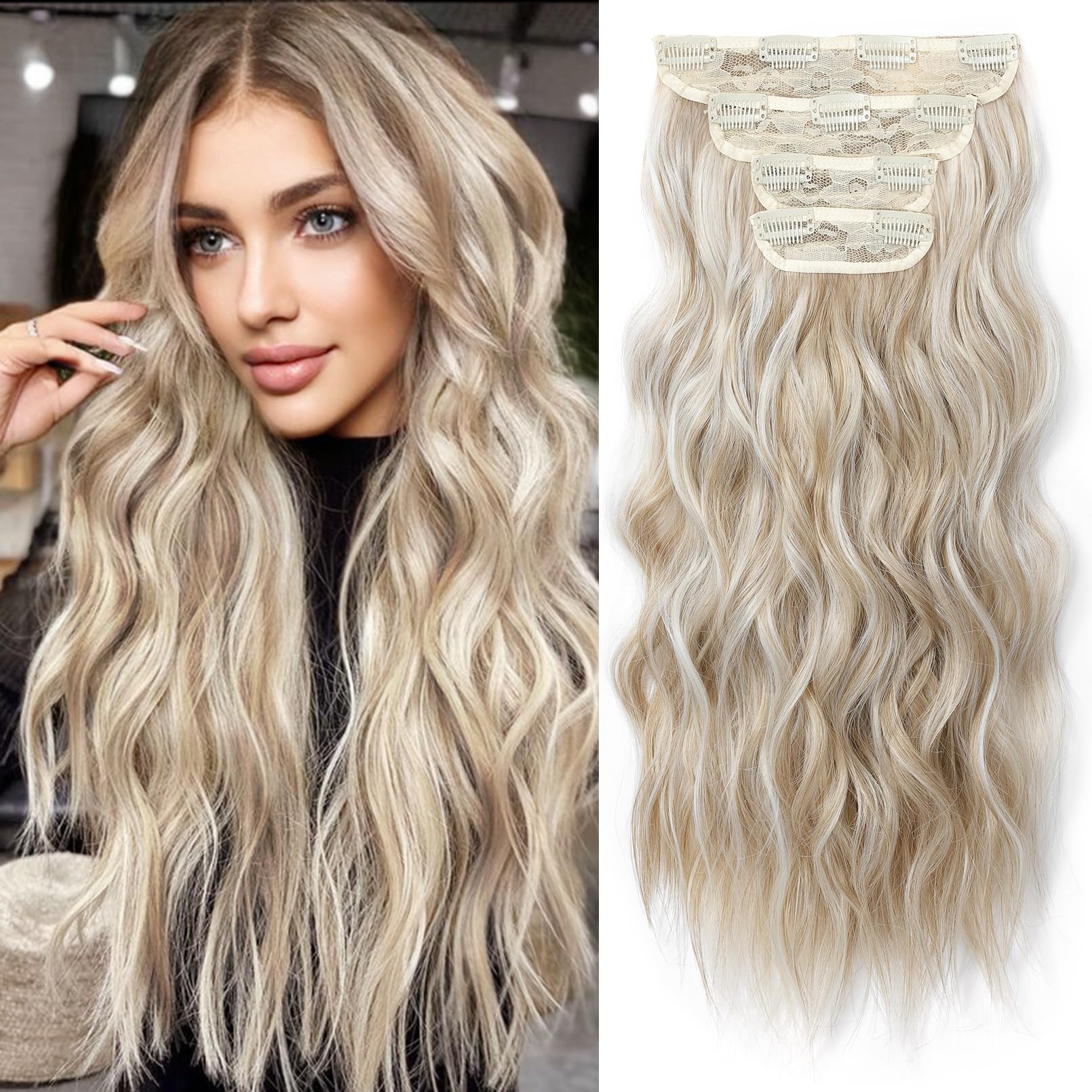 REECHO Hair Extensions, 4PCS Clip in Hair Extensions Natural Soft Synthetic Hairpieces for Women, Ash Blonde with Blonde Highlights