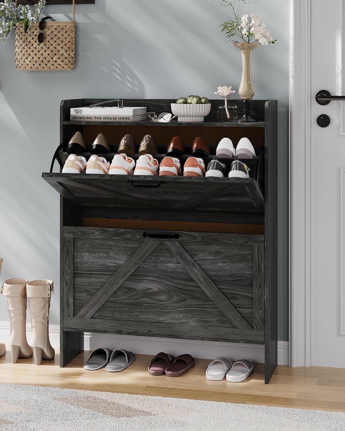 GAOMON Shoe Cabinet with 2 Flip Drawers, Freestanding Narrow Shoe Storage Cabinet for Entryway, Farmhouse Shoe Shoe Organizer Rack with Removable Shelf for Hallway, Foyer, Black