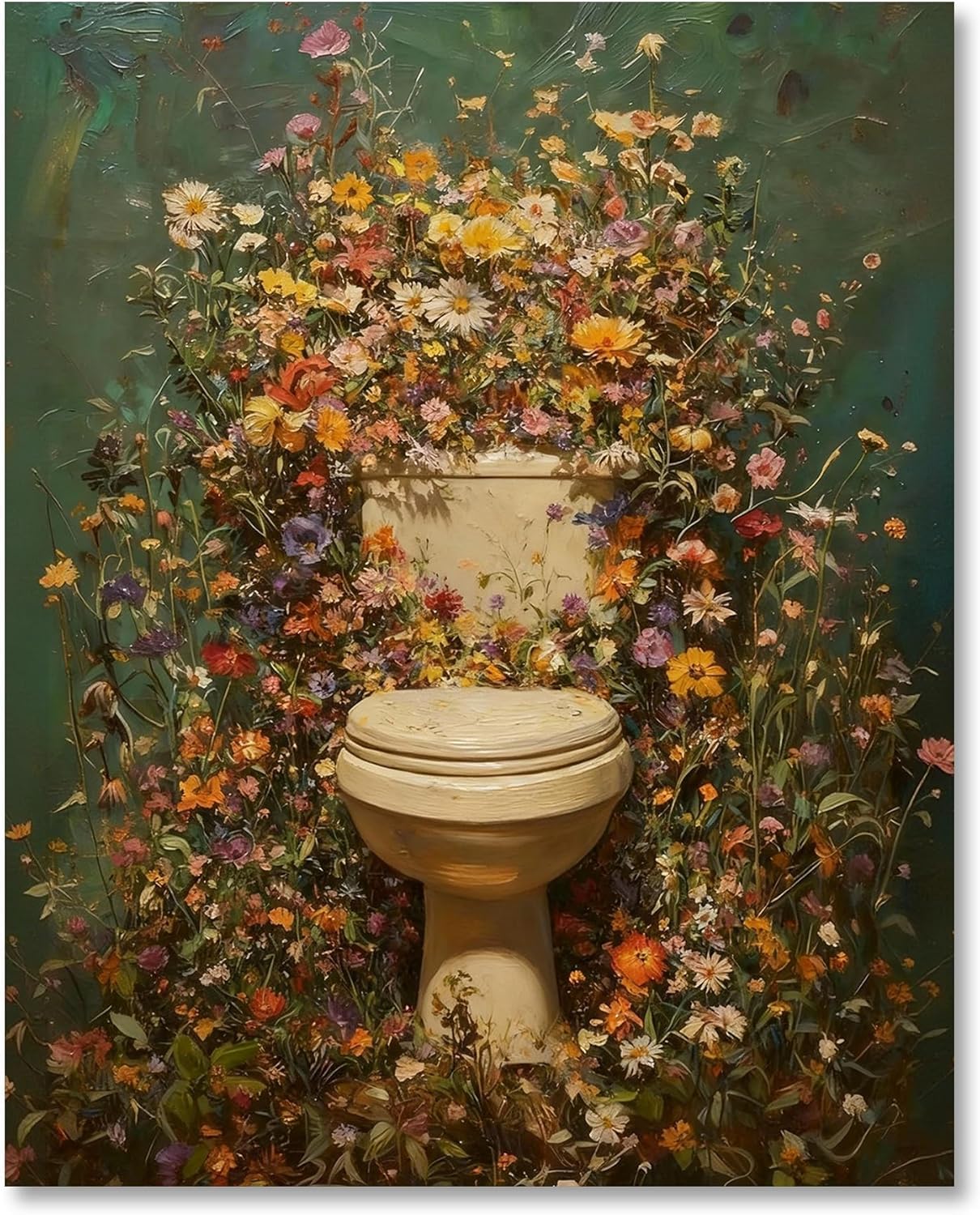 lianyibo Floral Toilet Bathroom Wall Art Print, Wildflower Garden Still Life Painting Style, Vintage Botanical Funny Art(40x60/Inner frame)