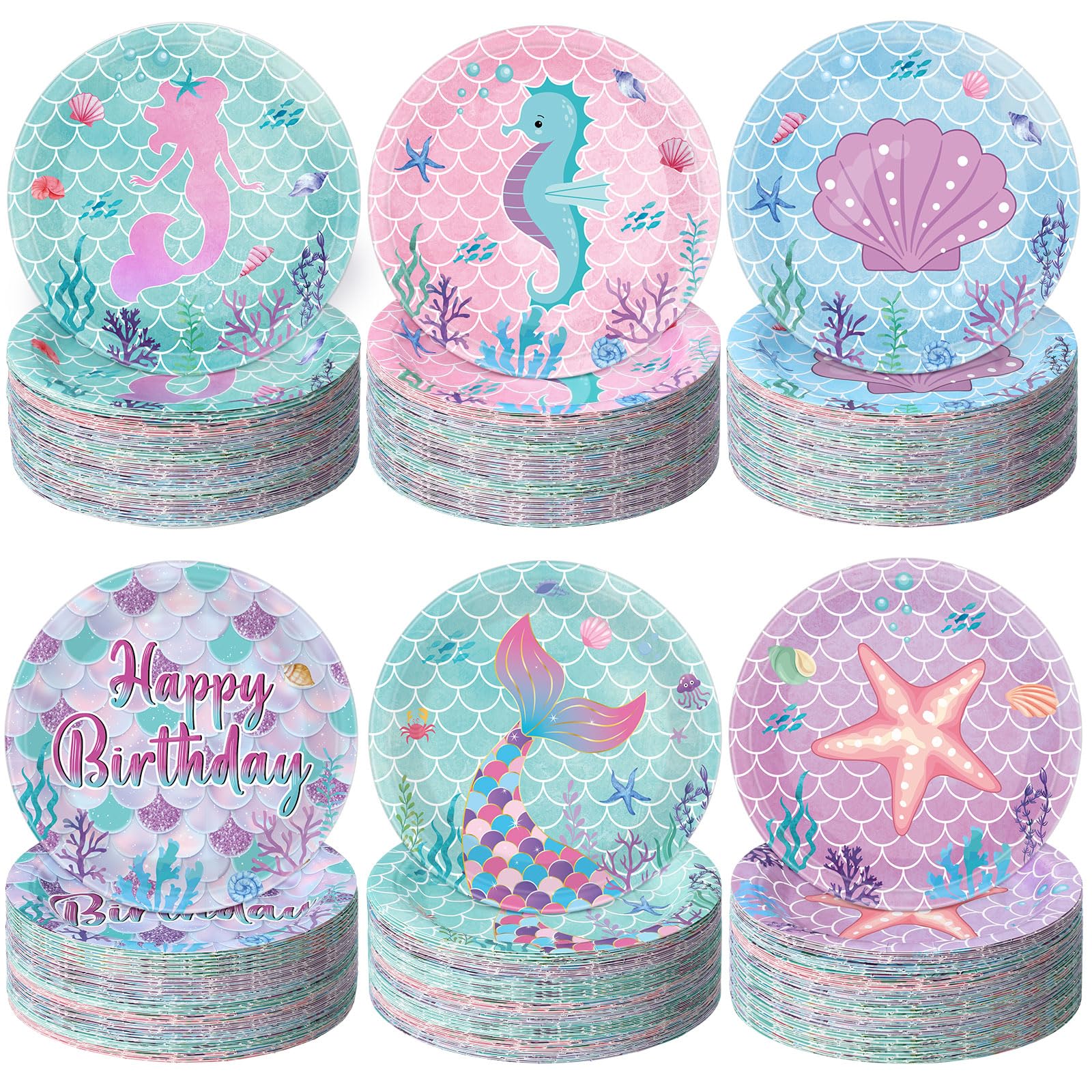 Funnymoom 60 Pcs Mermaid Birthday Party Decor 7 Inch Mermaids Dessert Paper Plates Under the Sea Disposable Dinner Cake Plates Princess Shell