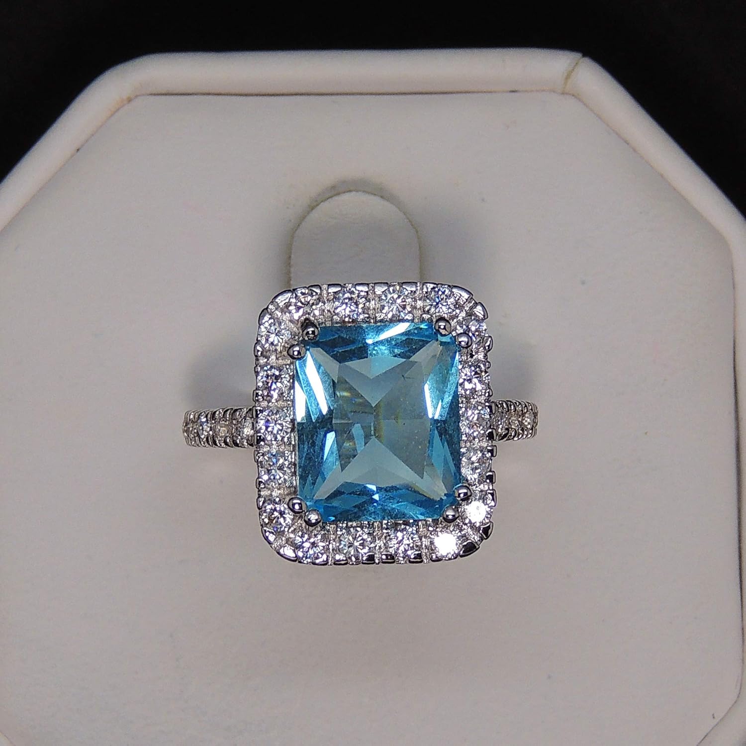 Gina Statement Ring for Women by Ginger Lyne | Simulated Blue Topaz Exaggerated 6 Carat Radiant Cut Fashion Ring for Her | Gifts for Mom or Grandmother