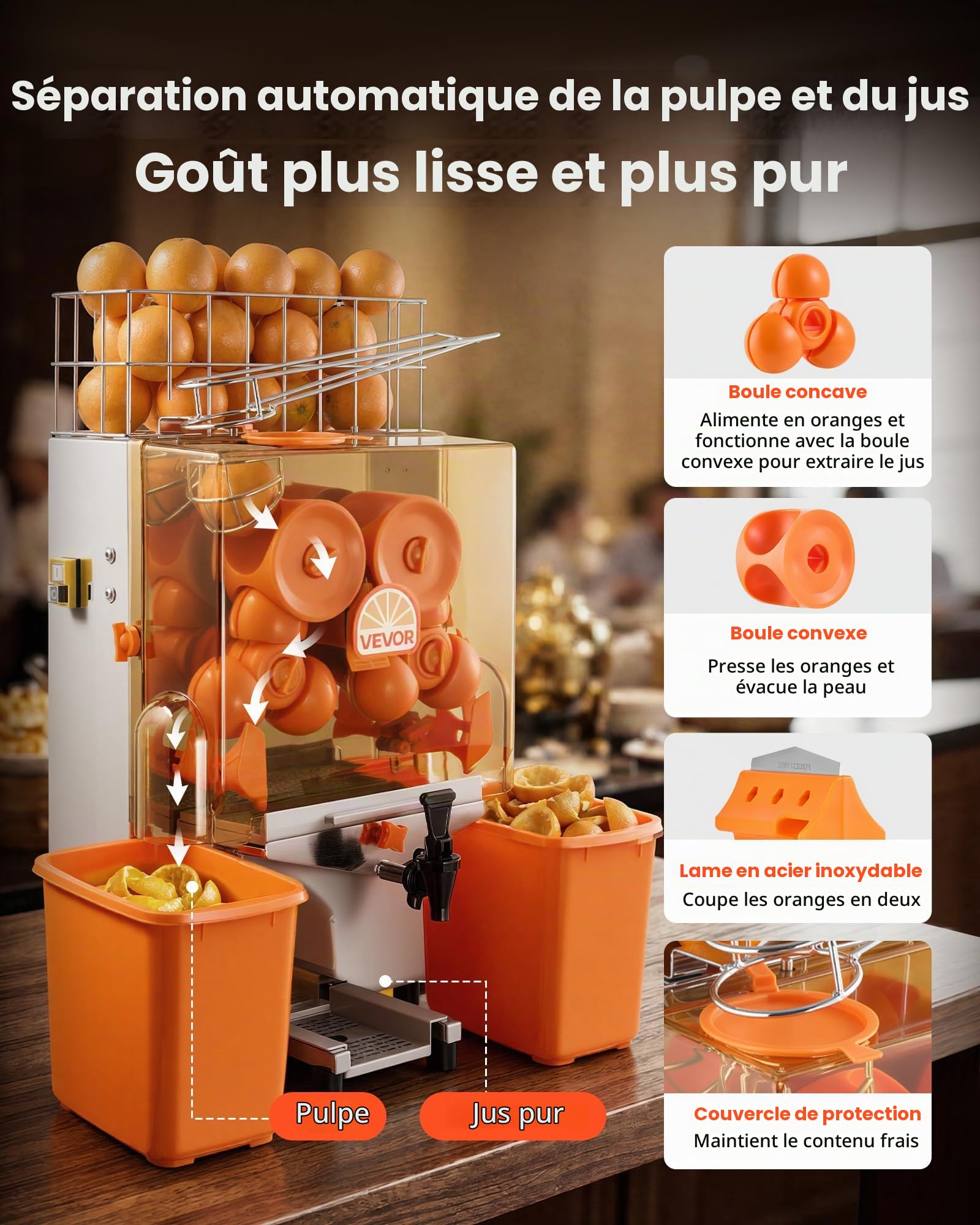 VEVOR Presse Agrumes Pro Extracteur de Jus Électrique 120 W avec Robinet, Pour Bar à Jus Restaurant Supermarché Primeur, Presse Orange Commercial, Rendement Élevé de 20 Oranges/min, Avec Bac à Écorces