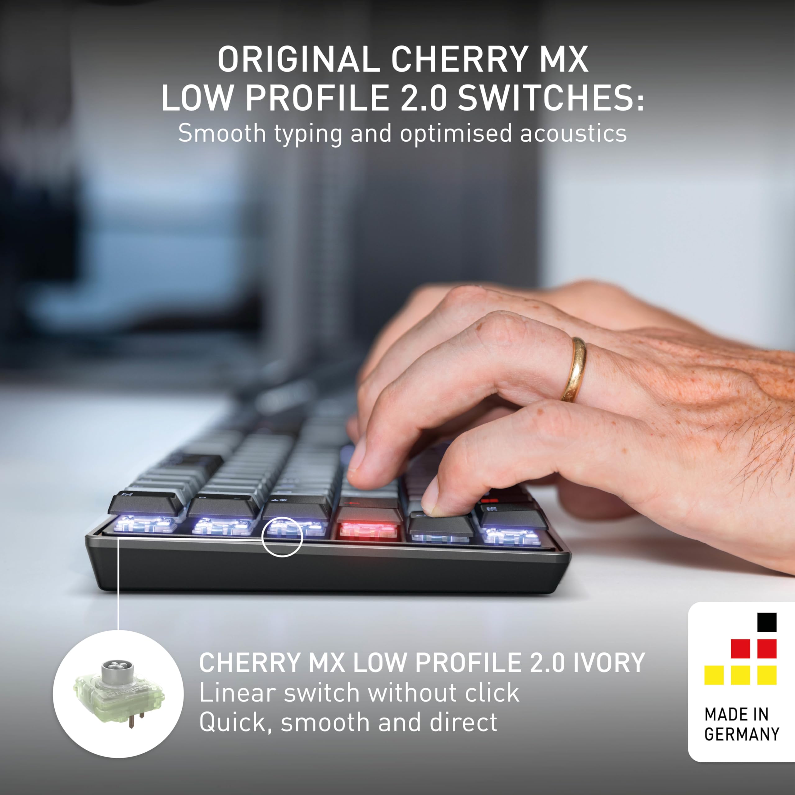 CHERRY KW 550 MX LP, Niskoprofilowa Klawiatura Mechaniczna W Formacie 96%, Układ Niemiecki (QWERTZ), Funkcja Multi-Device, Przełączniki MX LP 2.0 IVORY, Czarny