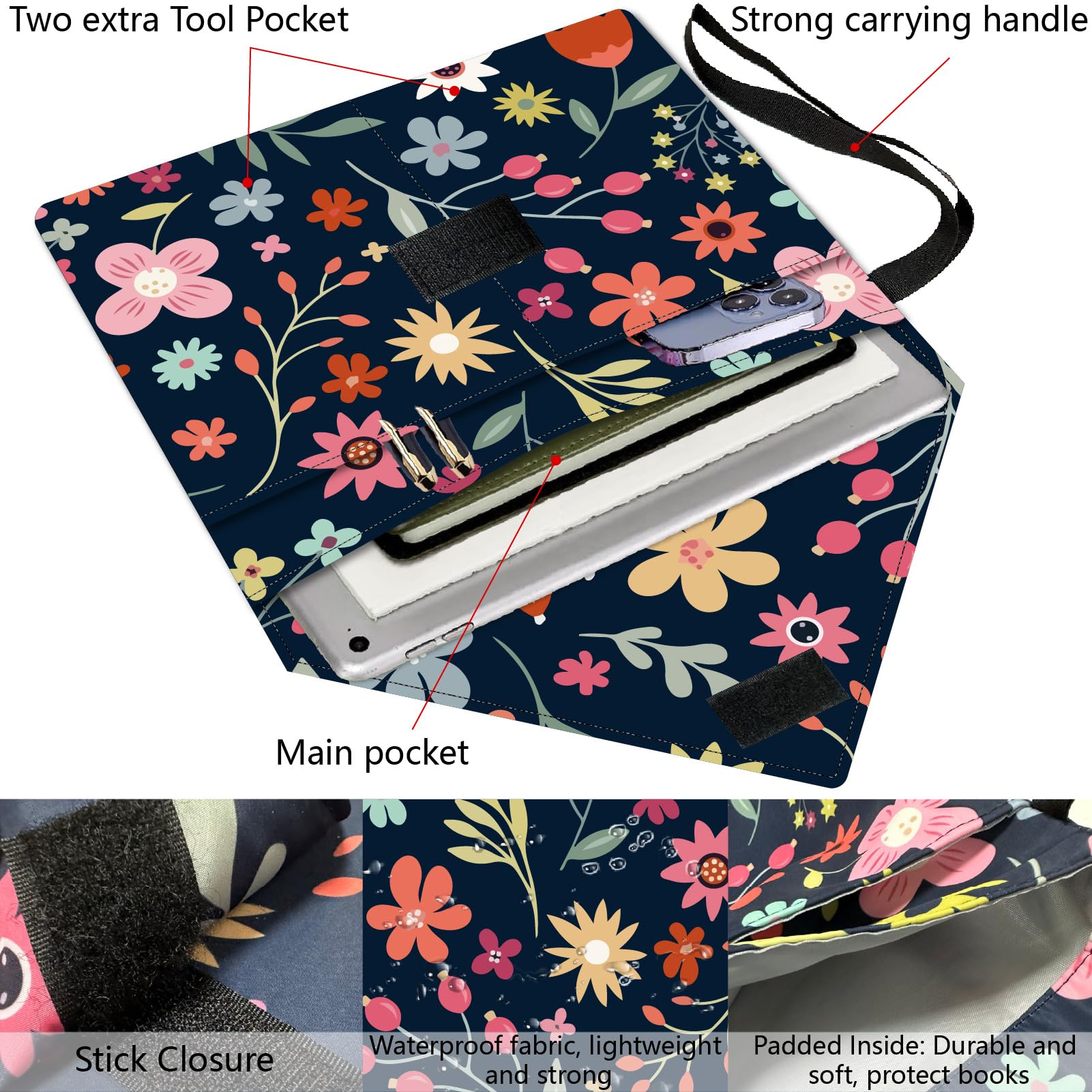 CRASPIRE Flower Book Covers Book Sleeve 11.6 X 9.3 Inch Book Protector for Paperbacks Washable Fabric Cloth Book Cover with Handle and Extra Sleeve Pocket for Book Lovers Classmate Gifts - Image 4