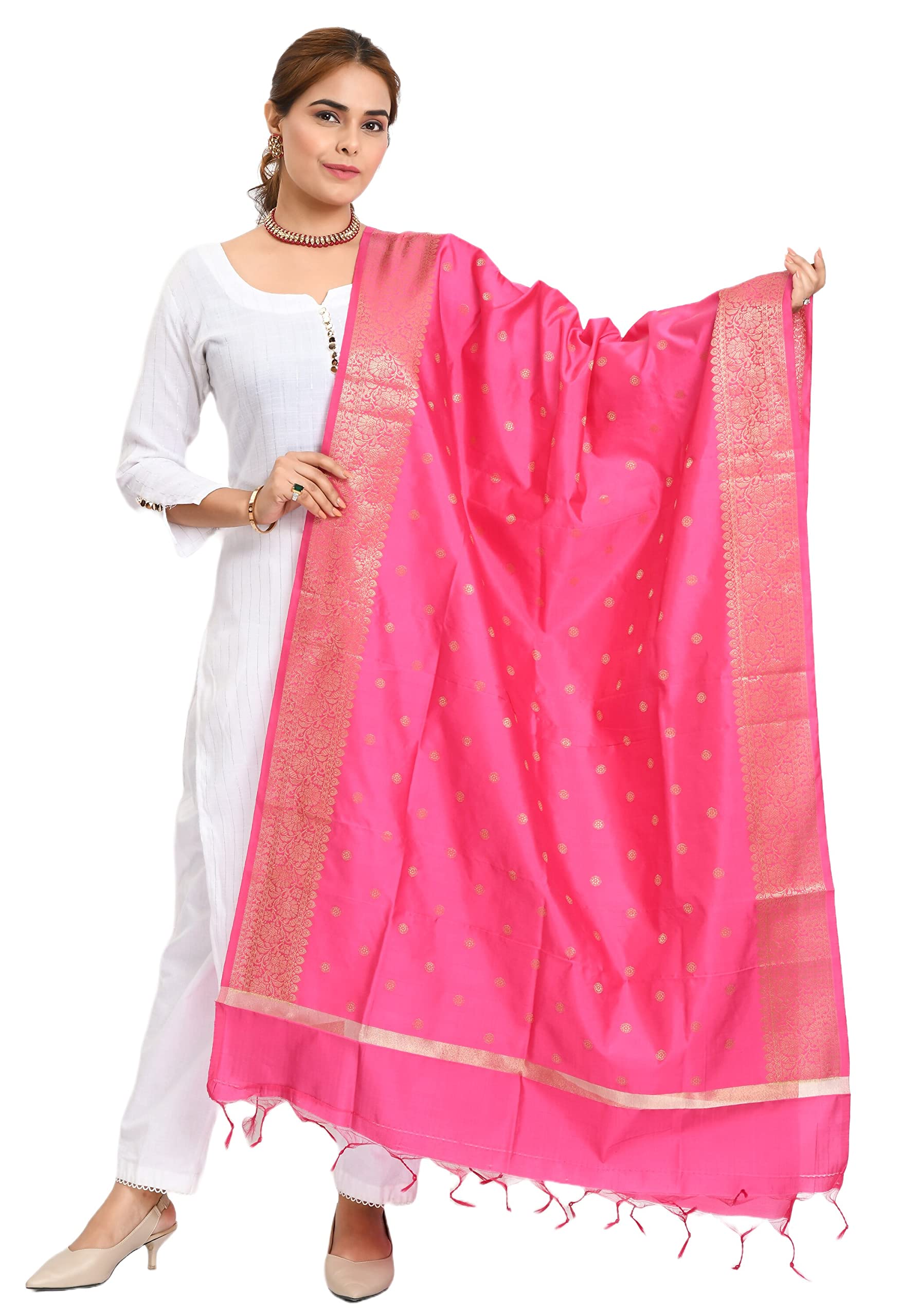Women's Pink & Gold Toned Woven Design Banarasi Silk Dupatta, Pack of 1, MFD0177-image-45