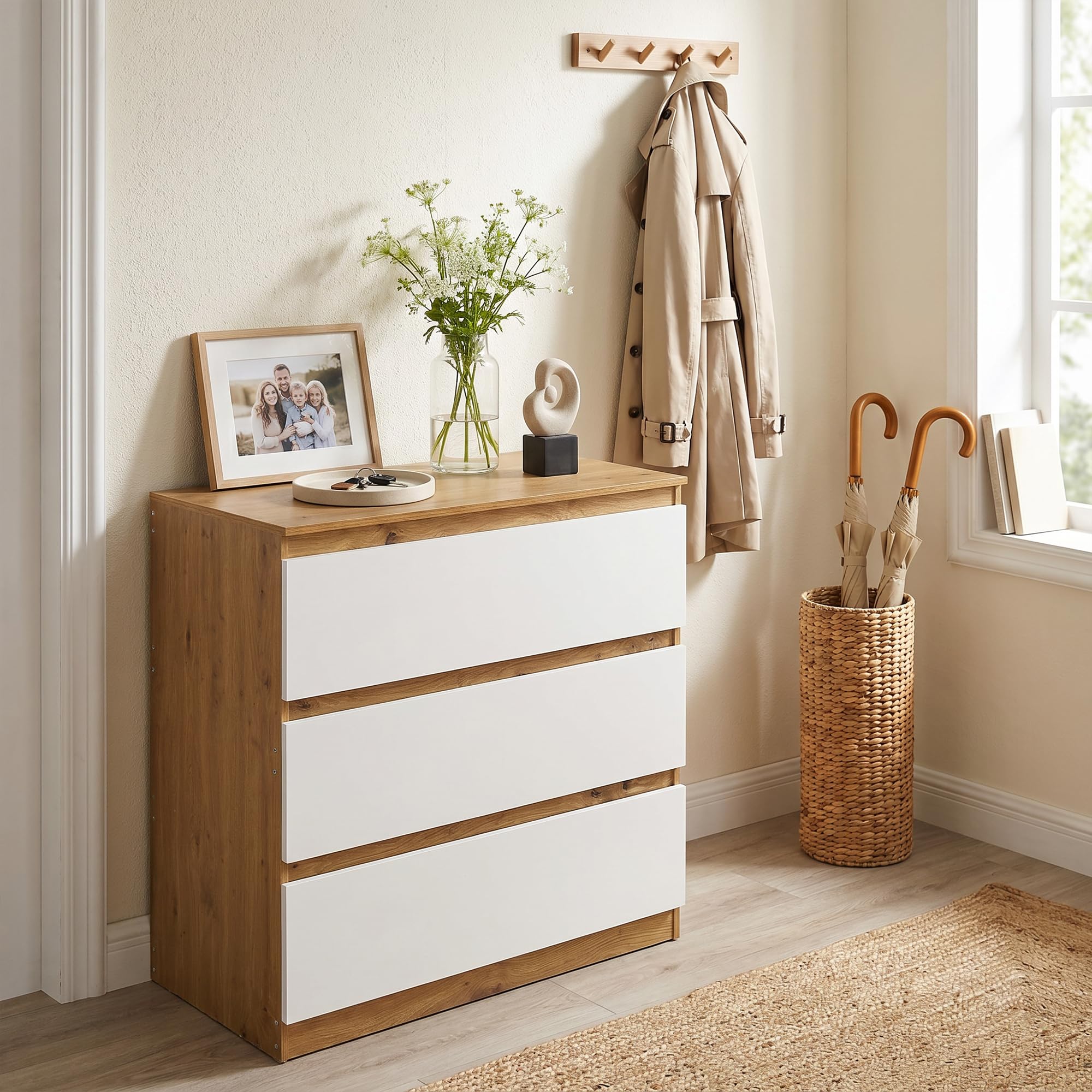 Cajonera Dormitorio, Comoda con 3 Cajones, 70 cm Ancho, Moderno Mueble Cajonera para Salón, Dormitorio, Habitación De Los Niños, Oficina, Blanco/Roble, 70×40×75 cm