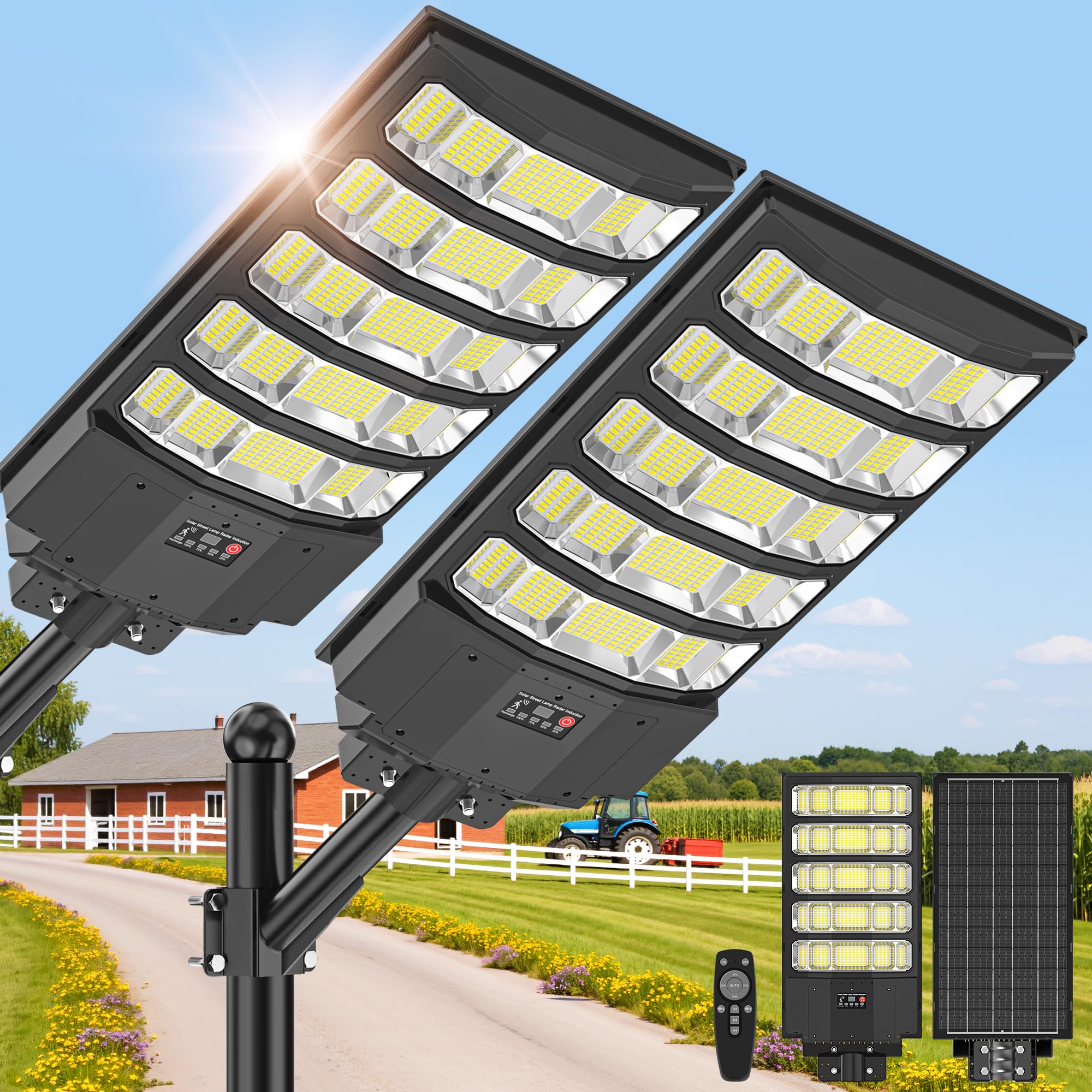 Photo 1 of ***ONE LIGHT DOES NOT WORK*** 10000W Solar Street Lights Outdoor, Solar Lights Outdoor Waterproof with Motion Sensor, IP66 Waterproof, Solar Street Light with Remote Control for Yard, Driveway, Parking Lot,Stadium 2Pack