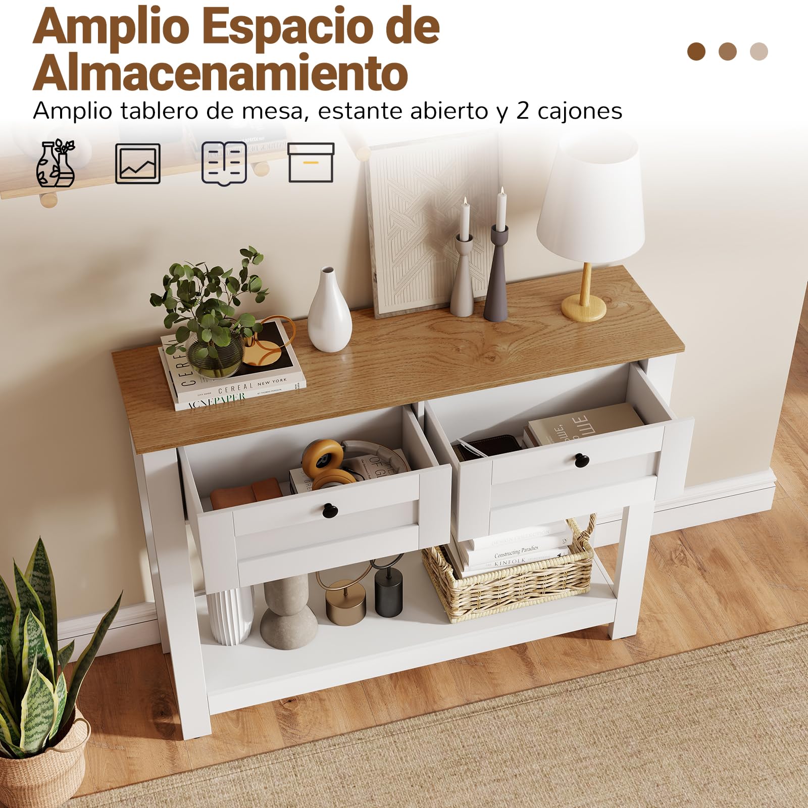COSTWAY Consola Recibidor con 2 Cajones, Mesa de Entrada Estrecha con Estante Abierto, Mesa Auxiliar con Kits Antivuelco para Salon, Pasillo, Entrada, 106 x 30 x 81,5 cm