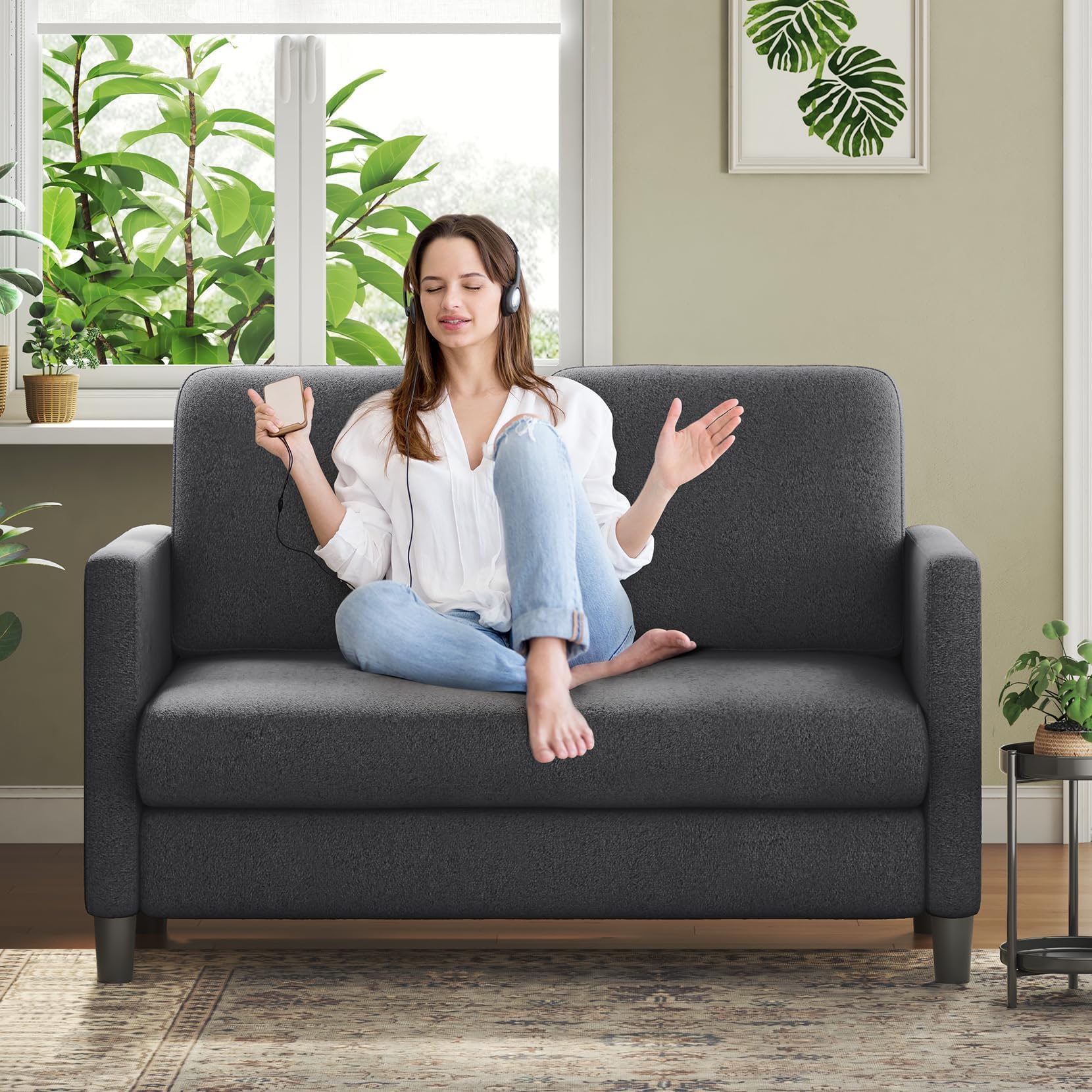 Welzona Two Seater Sofa, Modern 2 Seater Sofa, Teddy Fabric Sofa 2 Seater, Love Seat, Small 2 Seater Sofas for Living Room, Bedroom, Home Office, Studio, Apartment, Grey