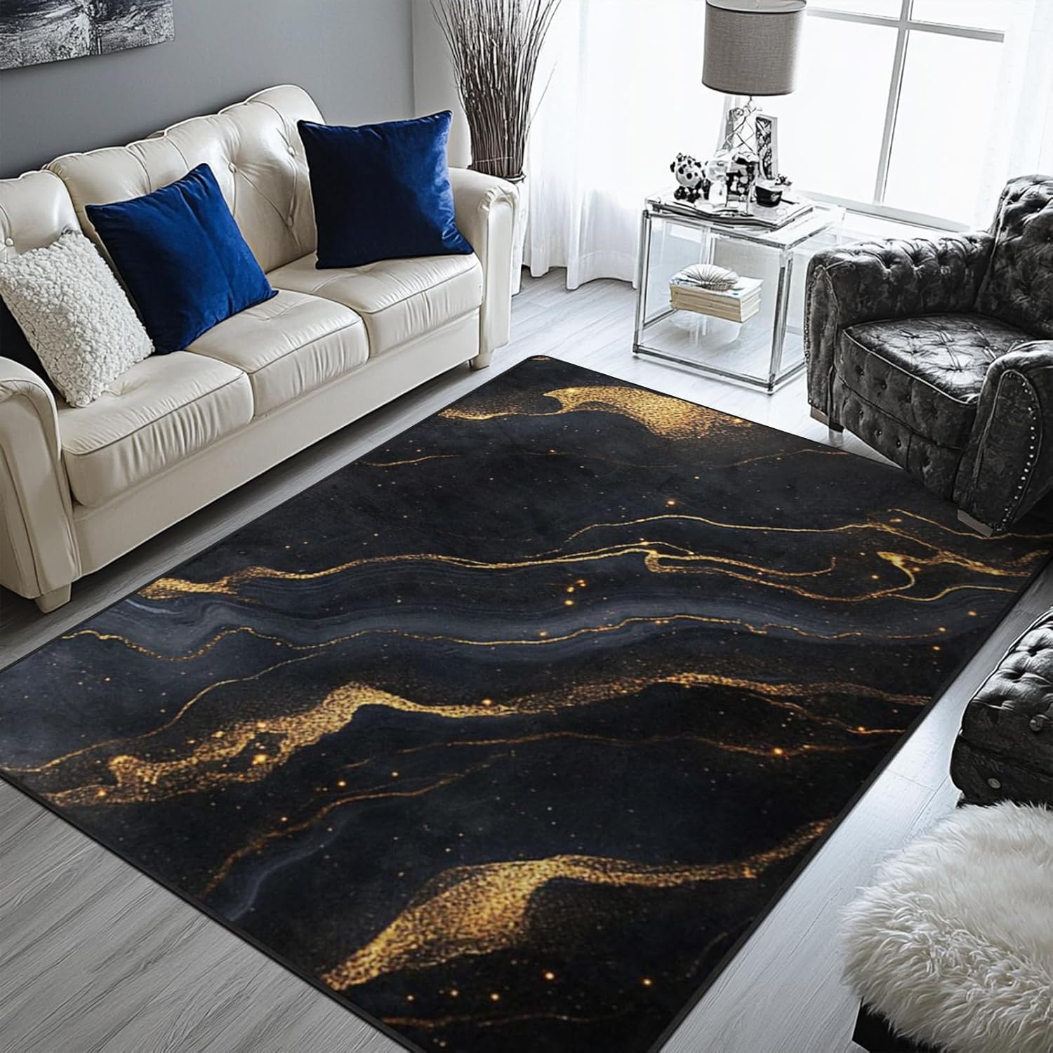 keepcute Modern Abstract Area Rug 5x7 ft Non-Slip Carpets Teal Gold Swirl Pattern Floor Carpet Decor for Living Room Bedroom Living Room Study