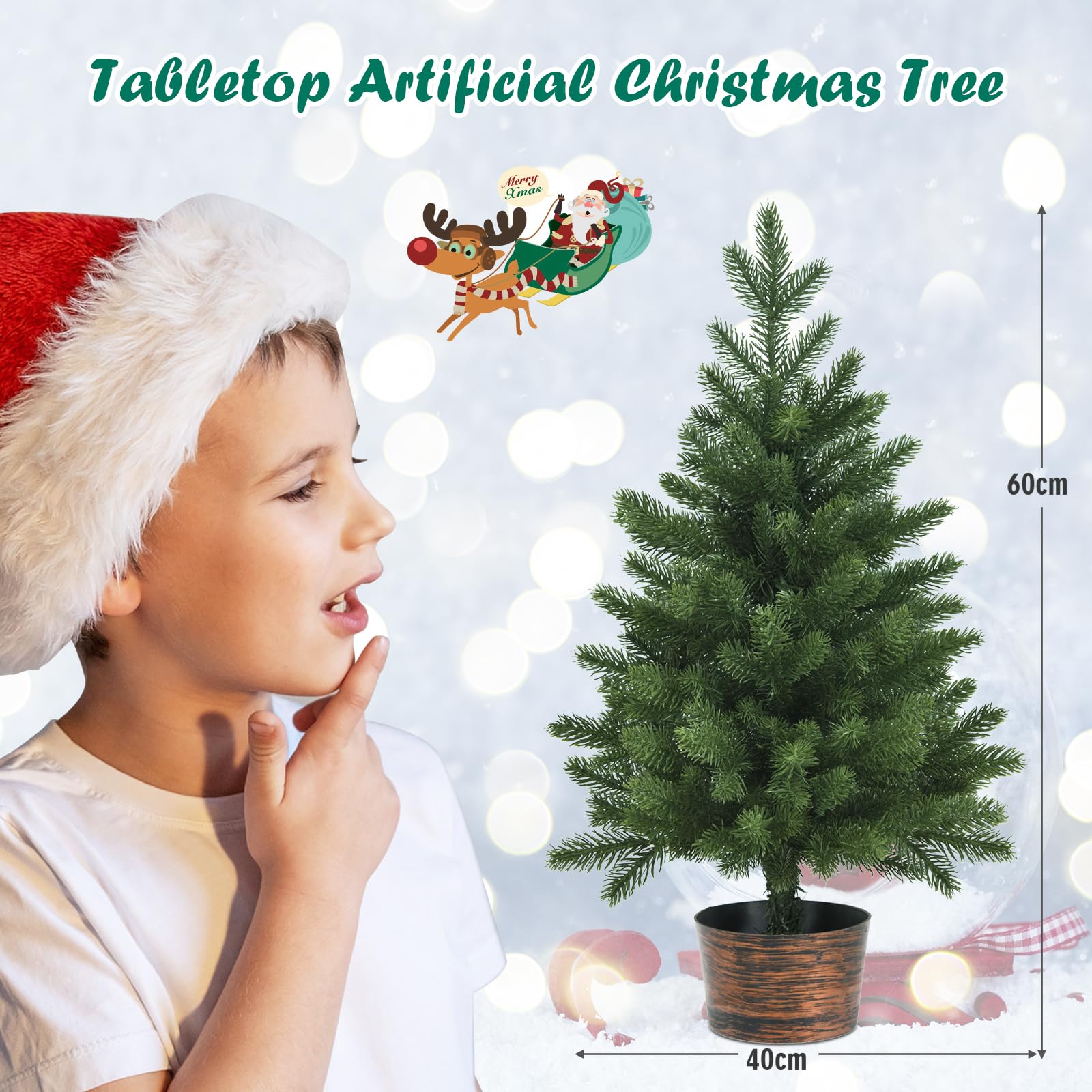 Choinka, 2 stopy/60 cm, małe sztuczne choinki z szyszkami i podstawą, świąteczna dekoracja stołu do wnętrz(Green Without Pine Cone)
