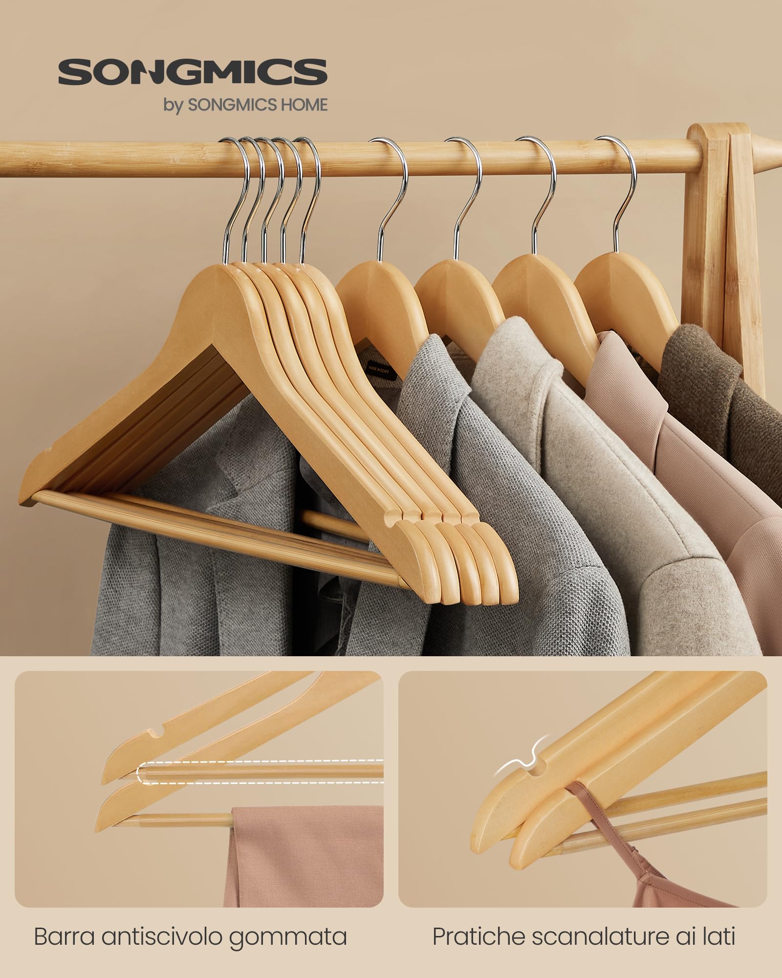 SONGMICS Grucce Appendiabiti in Legno Set di 40, Gancio Girevole a 360° | Stampelle Armadio, Design Ergonomico, Appendini Salvaspazio per Completi e Cappotti, Portata 5 kg, Naturale