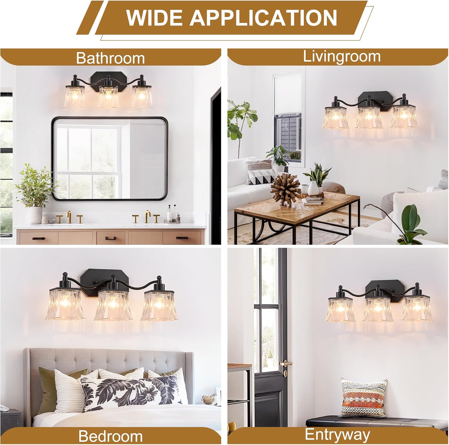 Bathroom Vanity Light Fixtures, 3-Light Vintage Matte Black Vanity Lights with Crystal Glass Shades, Farmhouse Bathroom Lighting Fixtures Over Mirror for Bathroom Bedroom Hallway