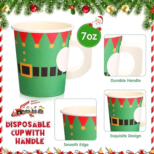 Miniatura 3 de 75 tazas de papel espresso de Navidad de 7 onzas, tazas de Navidad con asas, Papá Noel, elfo, muñeco de nieve, tazas de té desechables, tazas
