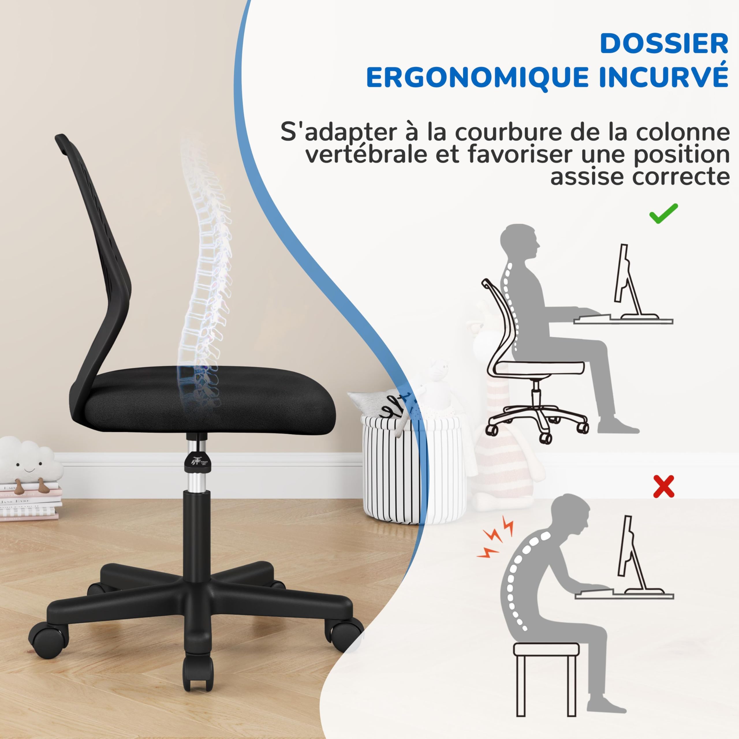 Yaheetech Chaise de Bureau, Chaise d'Ordinateur, Fauteuil Bureau Ergonomique, Pivotant, Fonction Réglage, Style Moderne, Charge de 136kg Noir