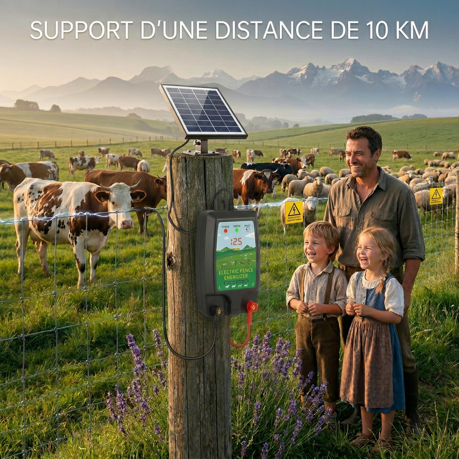 Dispositivo di recinzione elettrica 12 V con display a LED, portata 10 km, 2 Joule, 12 kV, per la protezione di animali da fattoria, pollame, pascoli e giardini (nero)