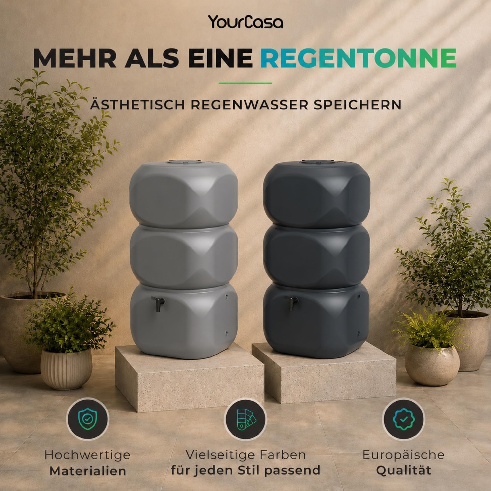 YourCasa Regentonne 320 Liter [Aquablock] - Wandtank mit Wasserhahn & Deckel - Wassertonne eckige Form - Regenfass Frostsicher Regenwassertonne Regenwassertank Wasserfass Garten (Anthrazit)