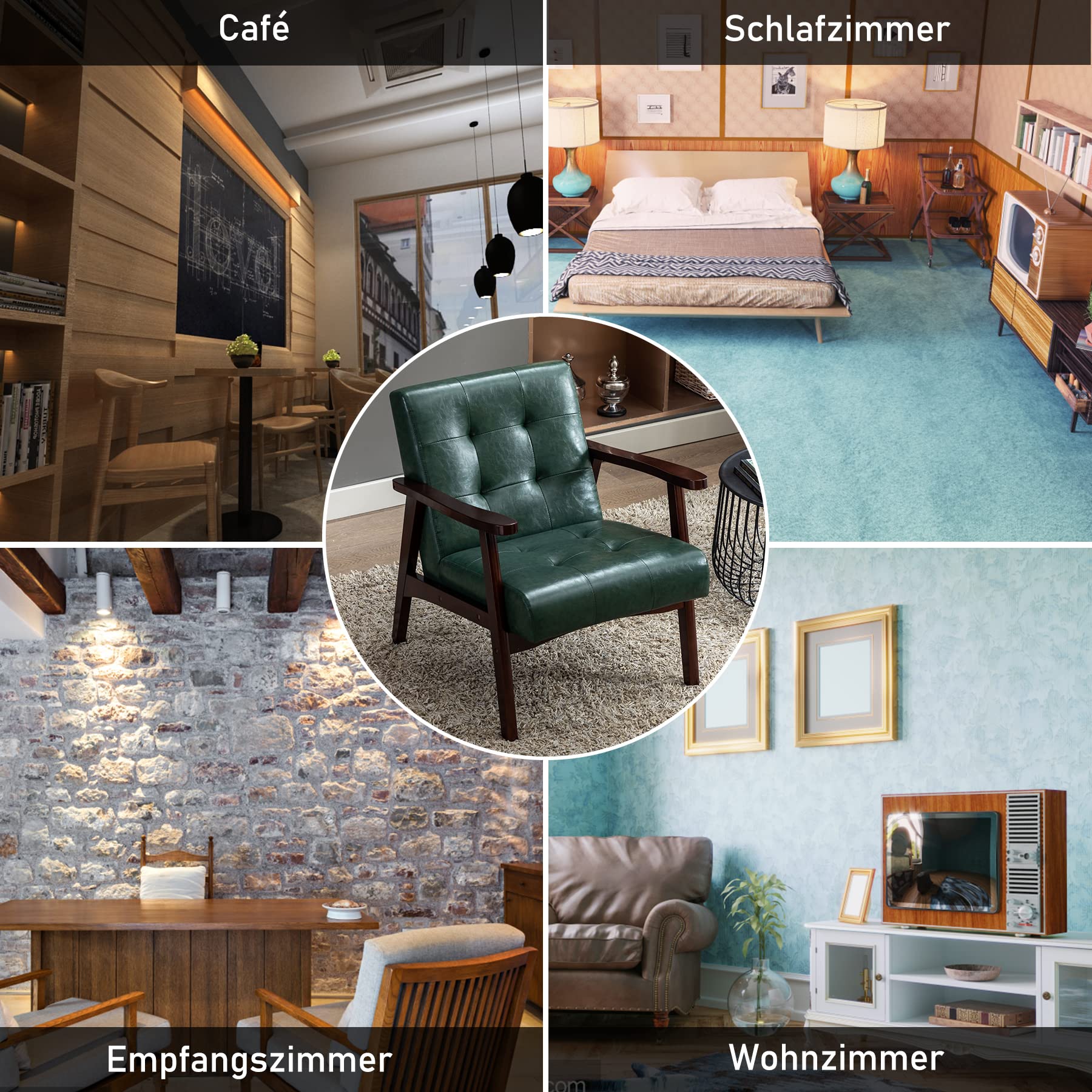 Retro Holzsessel Wohnzimmer Massivholz Gepolsterter Sessel Lounge Sessel mit Armlehnen mittelalterlicher Holzrahmen Designstuhl aus Kunstleder und Eiche für Schlafzimmer Café Balkon Grün