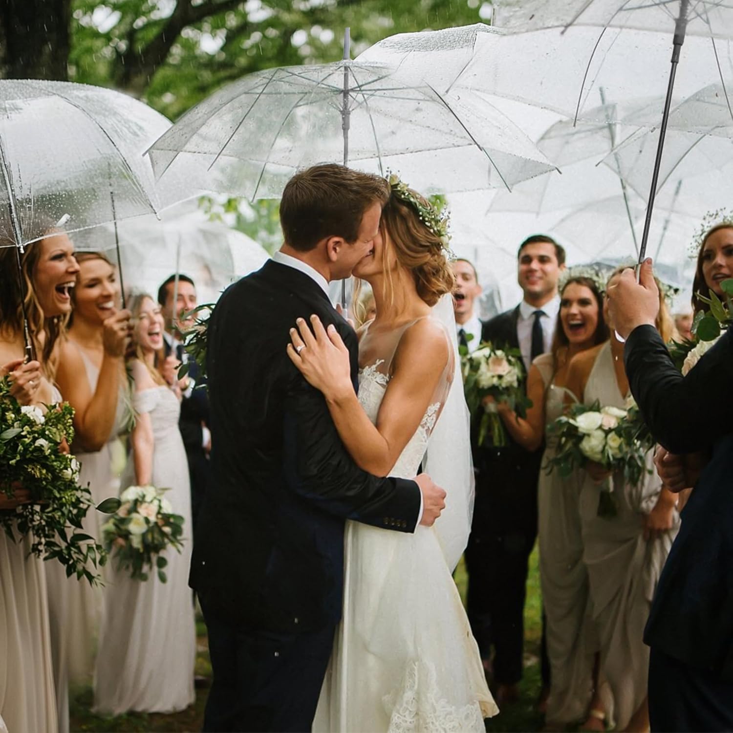 10 Pack Clear Wedding Umbrellas Bulk Transparent Auto Open Close Windproof Waterproof Stick Umbrellas with White J-Hook Handle for Brides, Grooms, Photography & Outdoor Events