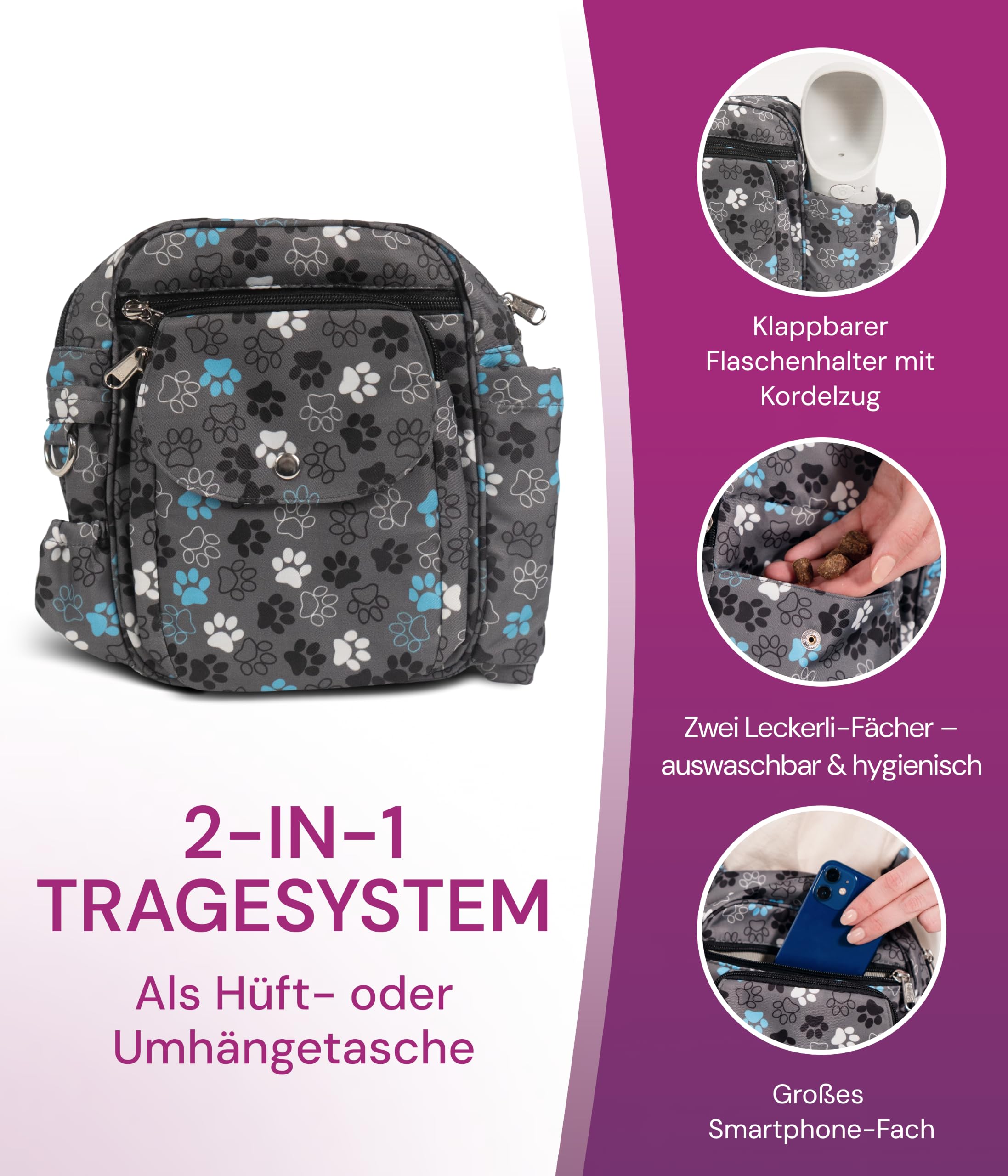 Konstanz Mandala 71049 – Gassitasche mit integriertem Flaschenhalter – Leckerlitasche für Hunde, wasserabweisend, 2-in-1 Tasche – für Gassi & Training