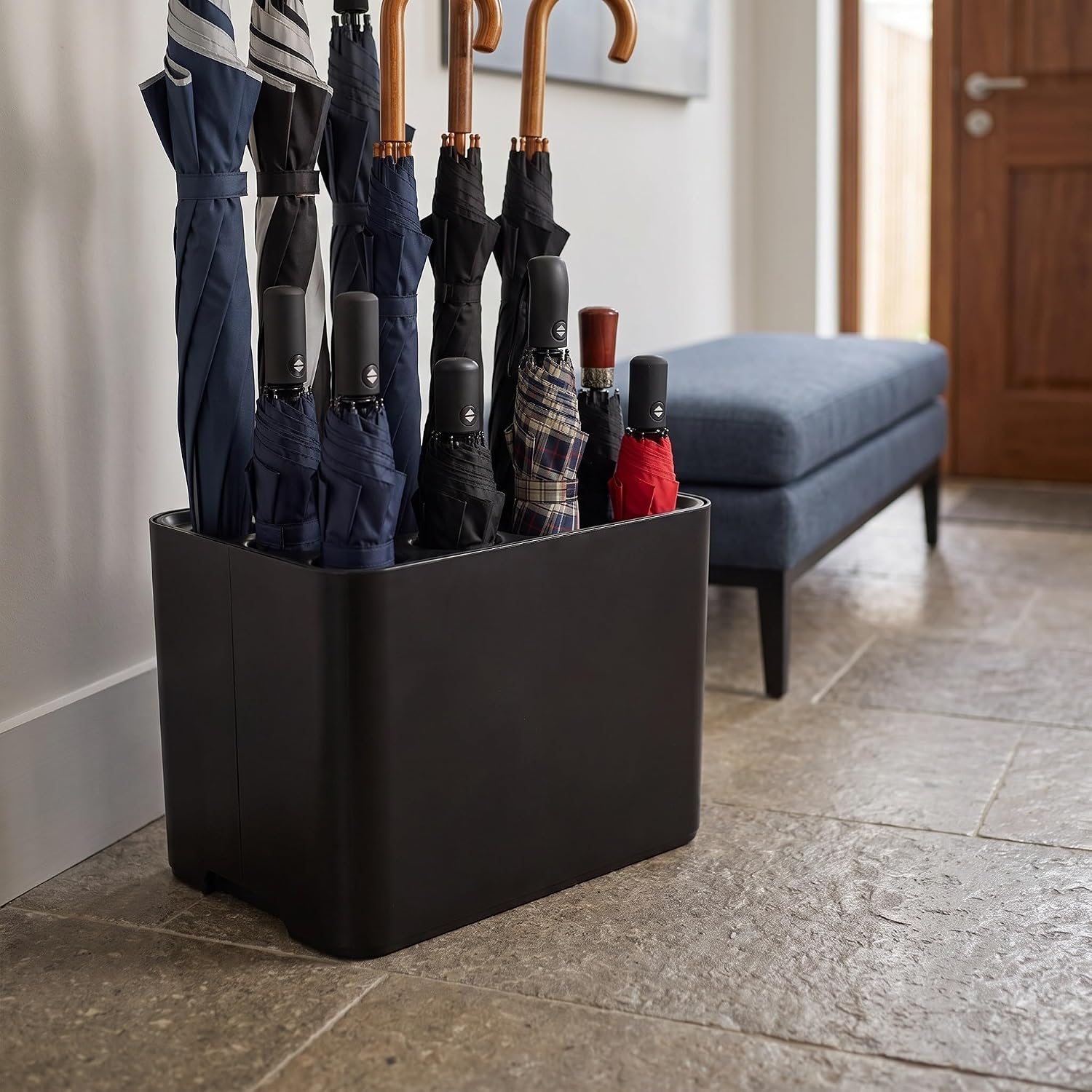 Toddmomy Plastic Umbrellas Stand with Removable Drip Tray, Entryway Rain Gear Holder Organizer, Holds 10 Umbrellas for Home Office (Black)