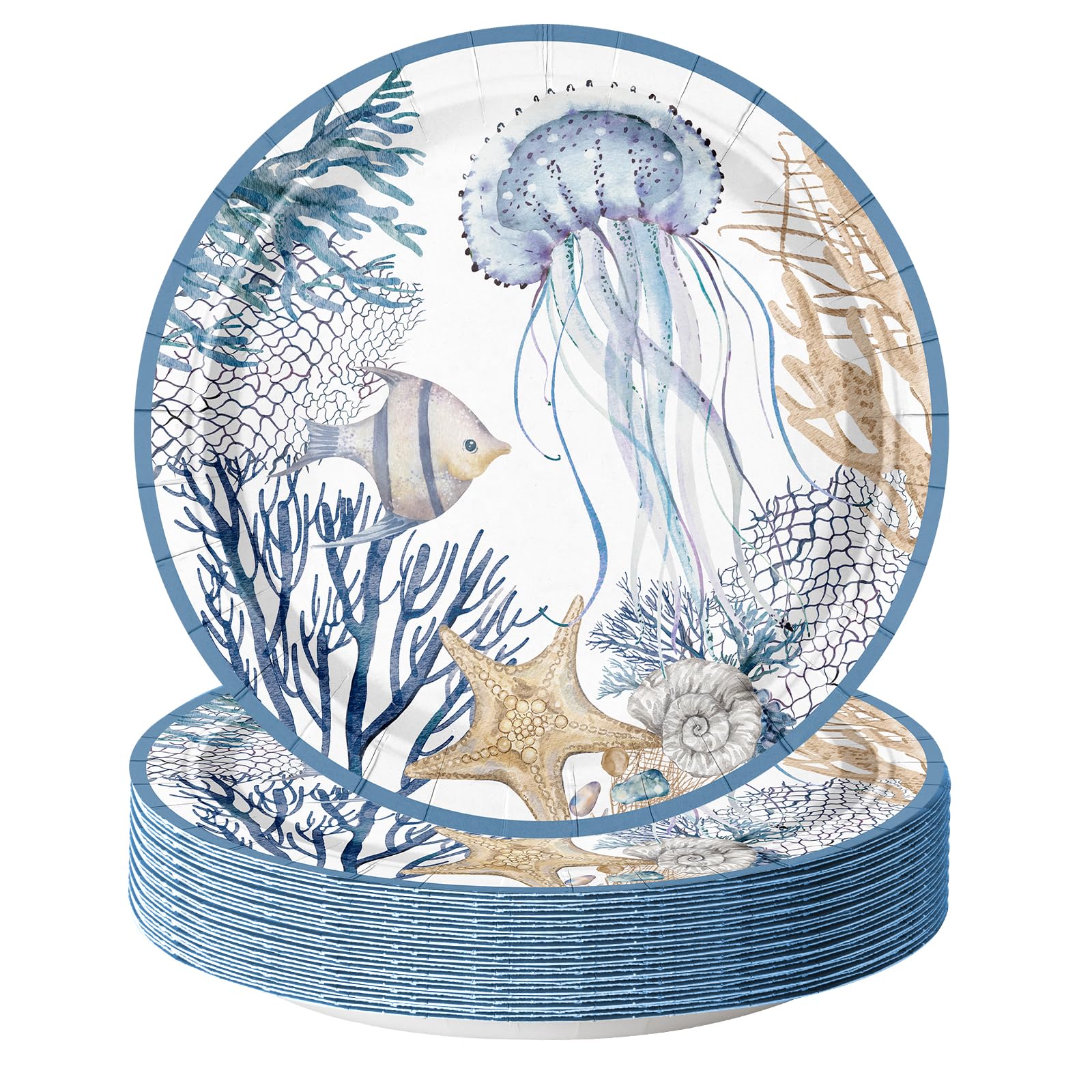 WRAPAHOLIC 25Pcs Ocean Paper Plates - 7 Inch Jellyfish, Fish and Aquatic Plants Disposable Plates Decorative Dessert Plates for Party Tableware