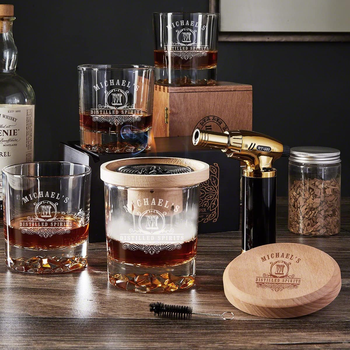 Halo Bourbon Smoker Kit with Engraved Glacier-Bottom Glasses - 9pc Personalized Product