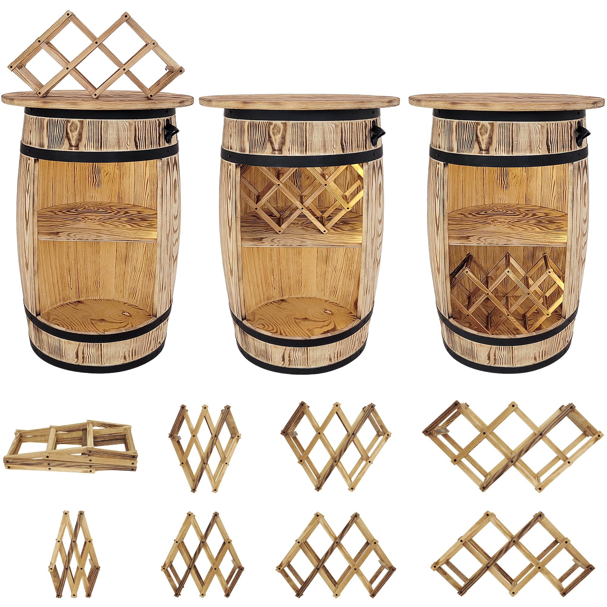 weeco Tonneau en bois avec top blat et porte-vin et lampes LED - Table de bar - Armoire à vin de style rétro - Table de bar - Baril en bois avec couvercle - 80 x 50 cm