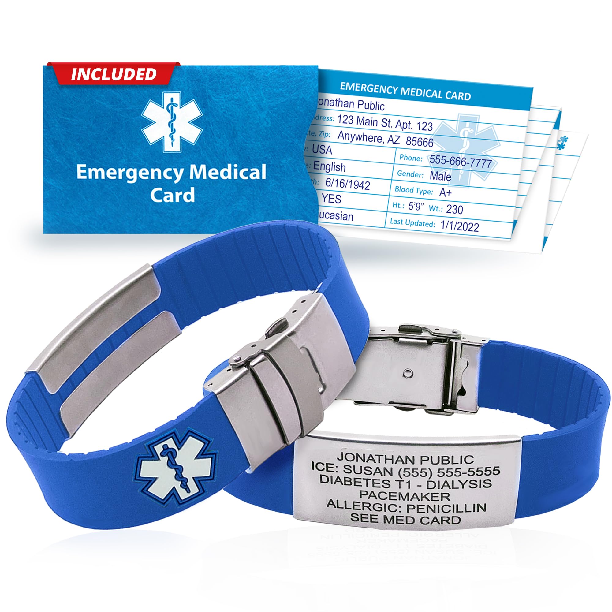 Sport Medical Alert Bracelet for Men & Women – Customizable Medical ID Bracelet with Personalized Engraving, Emergency Identification Card, Complimentary Access to PHR (Personal Health Record) – Blue