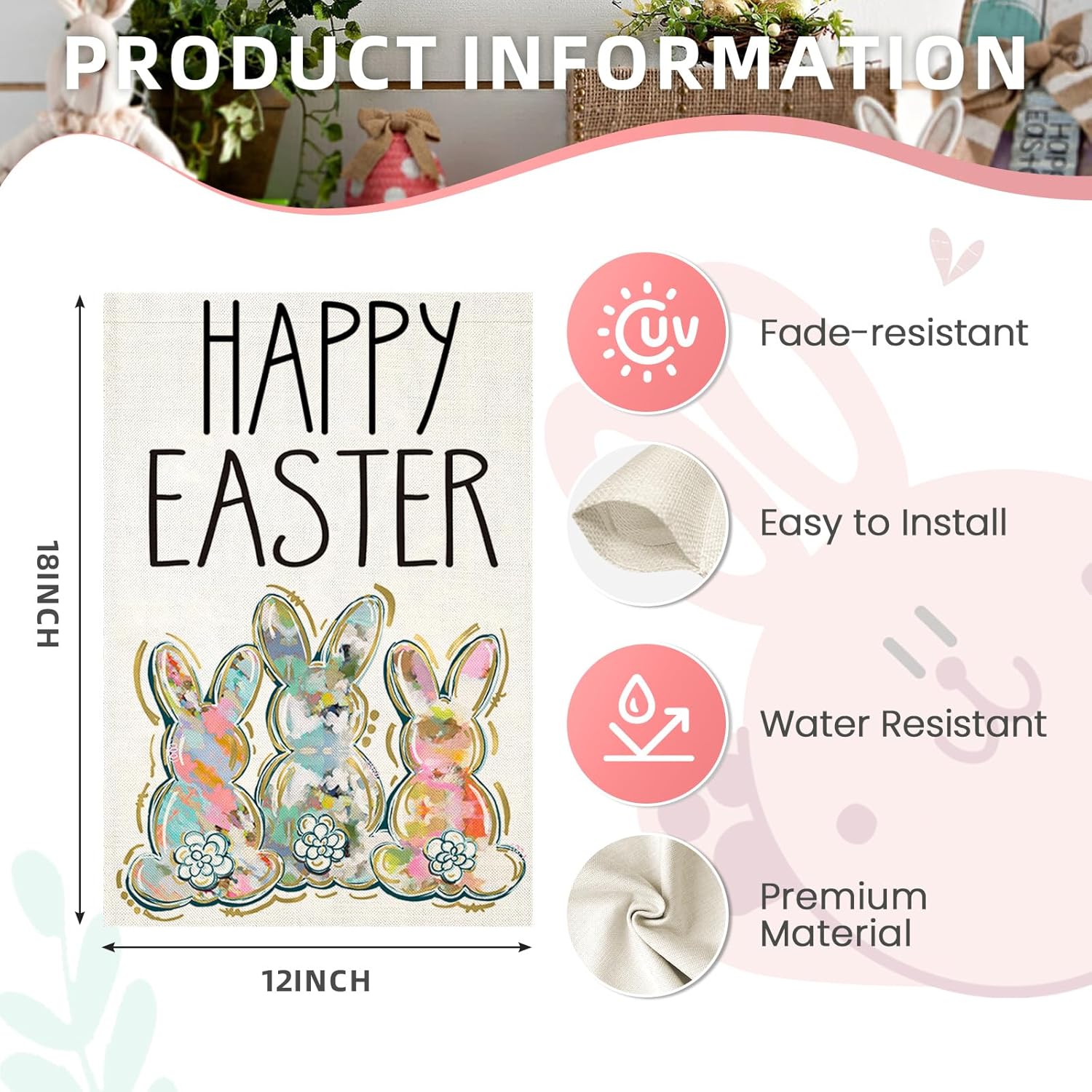 Happy Easter Garden Flags 12x18 Inch Double Sided, Watercolor Bunny Rabbit Small Seasonal Decoration for Holiday Anniversary Yard Outdoor Outside Decor - Image 6
