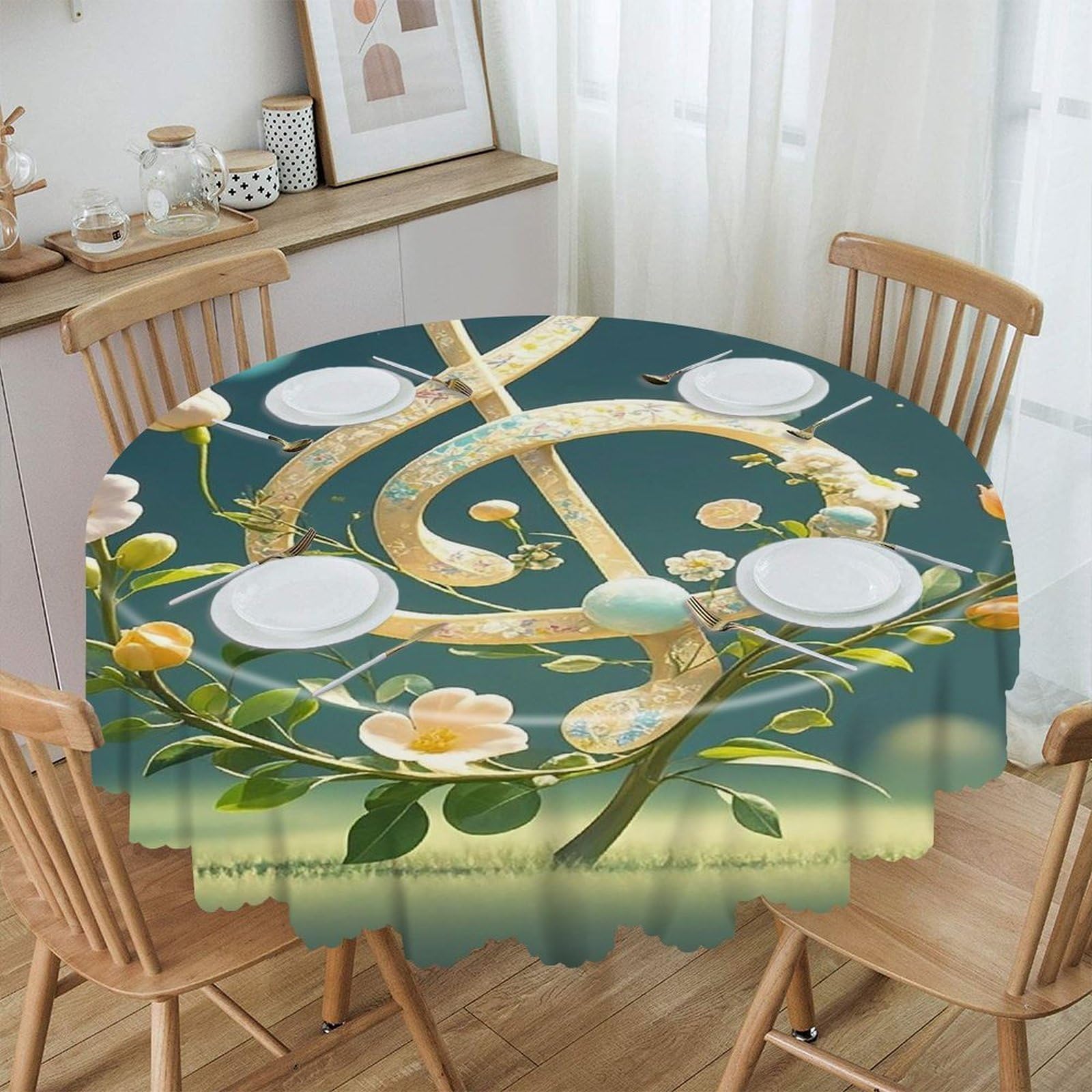 FekiLoot Musical Note Floral Round Tablecloth 60 Inch Waterproof Heavy Duty Table Cloth Spillproof Washable Table Cover Wrinkle Resistant Tablecloths Decorative Table Cloths