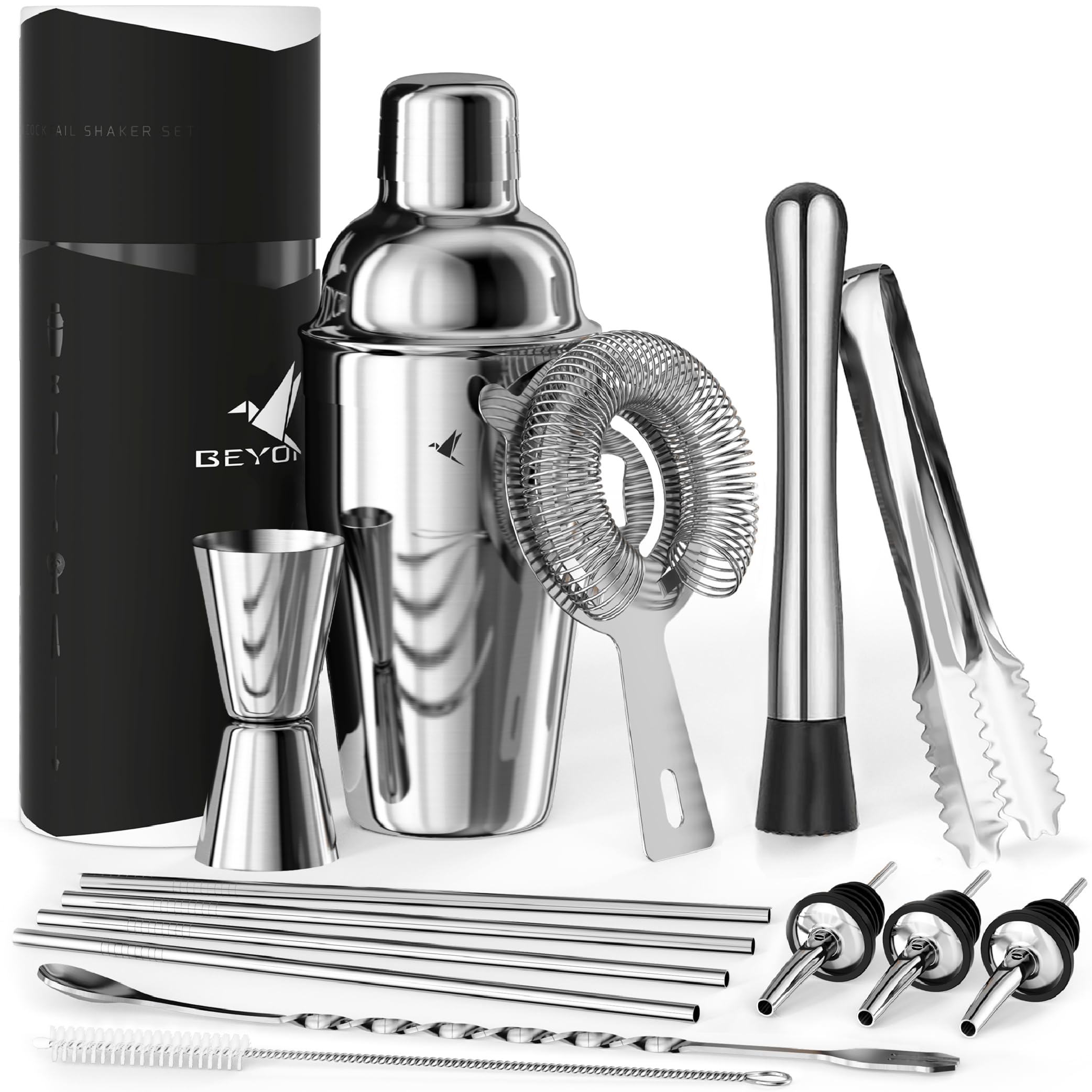 Beyond 15-teiliges Cocktail Shaker Set - Edelstahl Cocktail Set mit Bar Zubehör in Geschenkbox - Set mit Sieb, Messbecher, Jigger, Stössel, Löffel - Edles Cocktailmixer Barset - Cocktailshaker Set