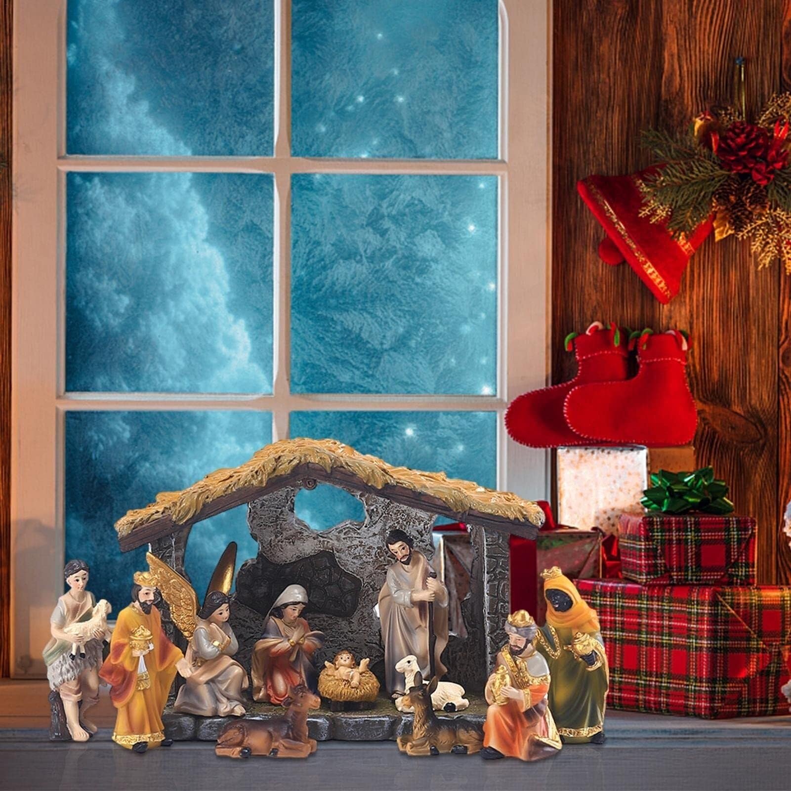 Weihnachtskrippen-Set Szenenornamente Weihnachtskrippen-Krippenset Weihnachtskrippen-Set Krippenszene Heilige Familie Kunsthandwerk Statue Dekoration Zuhause Wohnzimmer Kirche