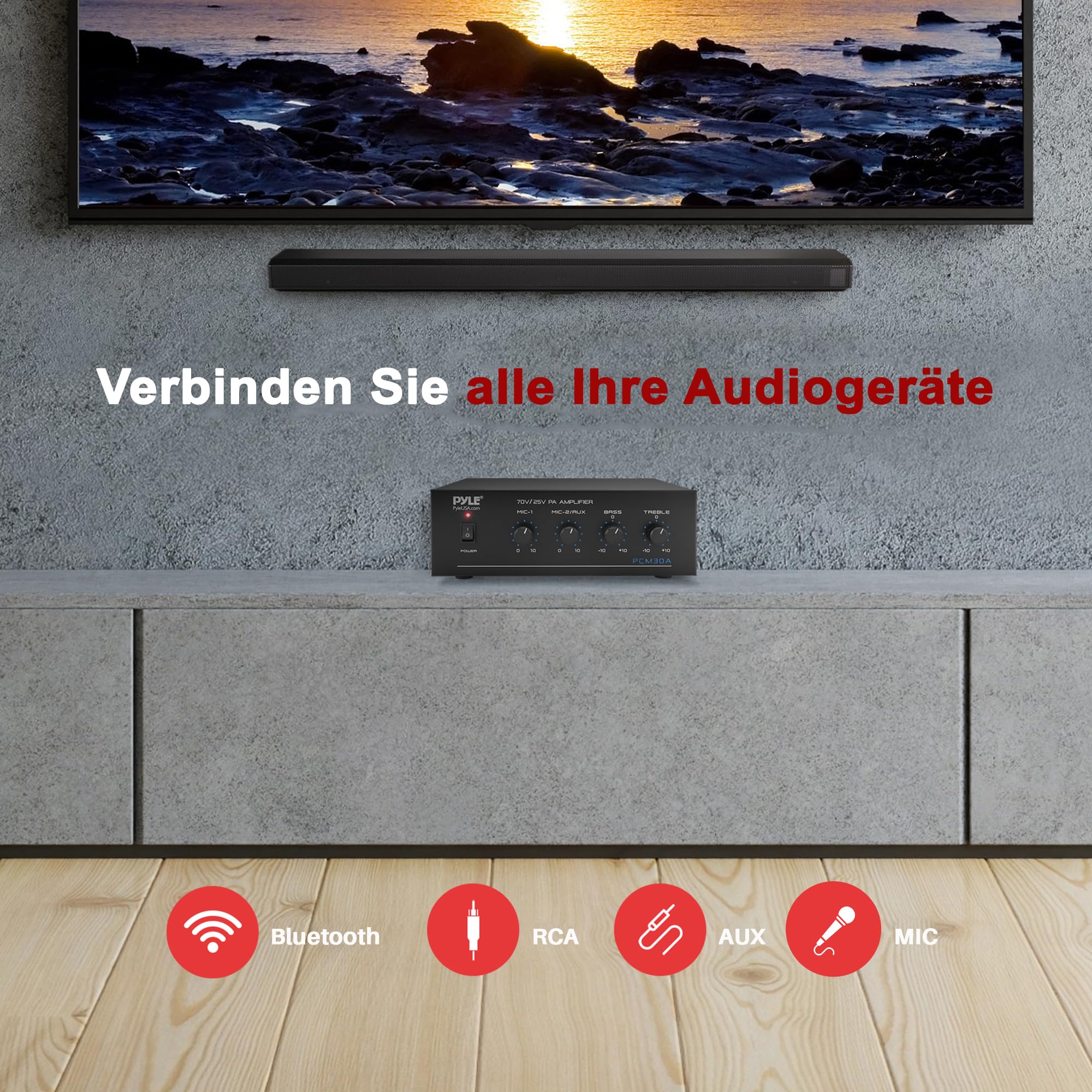 Pyle PA-Verstärker – 60W Bluetooth Amp mit 25/70V-Ausgang & 2 Mikrofoneingängen | Mit Bass-/Höhenregler, AUX & RCA, Ideal für Hintergrundmusik & Durchsagen in mehreren Räumen