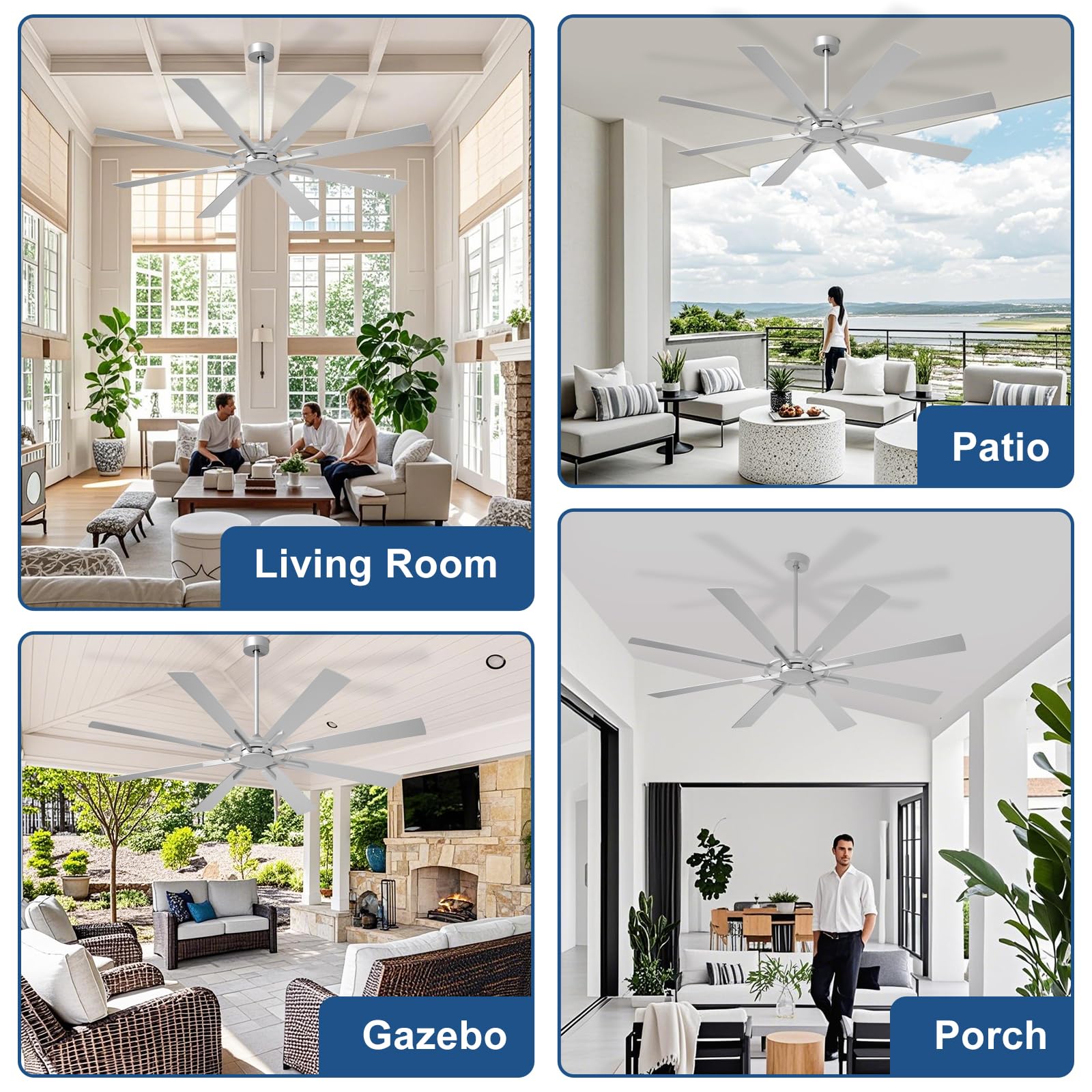 Depuley Grande ventilatore da soffitto senza illuminazione: Ventilatore da soffitto da esterno da 72 pollici a 8 pale con telecomando - Grande ventilatore in nichel spazzolato senza illuminazione