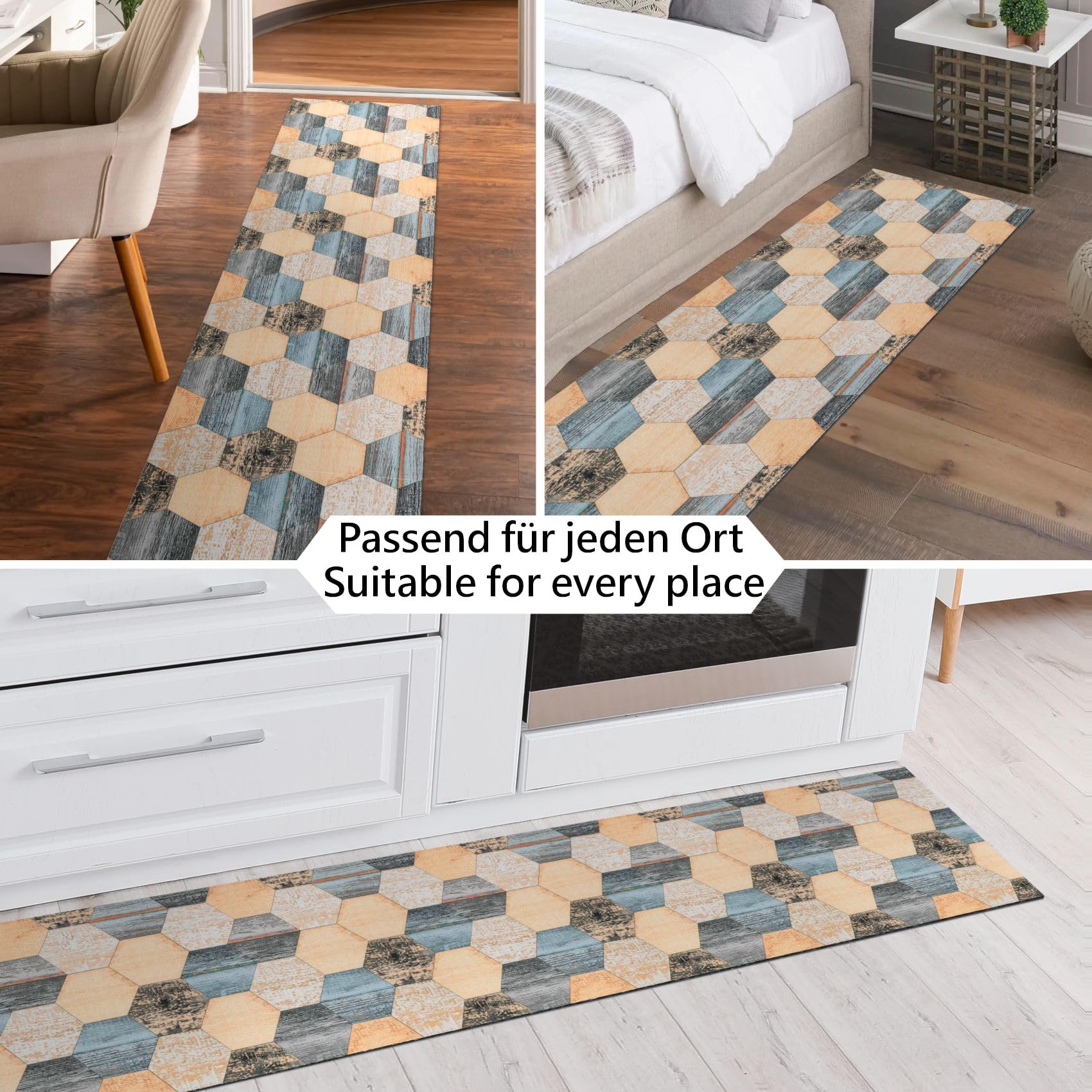 ANRO Küchenläufer Teppich Läufer Küchenteppich Flur Läufer Küche awaschbar pflegeleicht Holz Patchwork 350x65cm