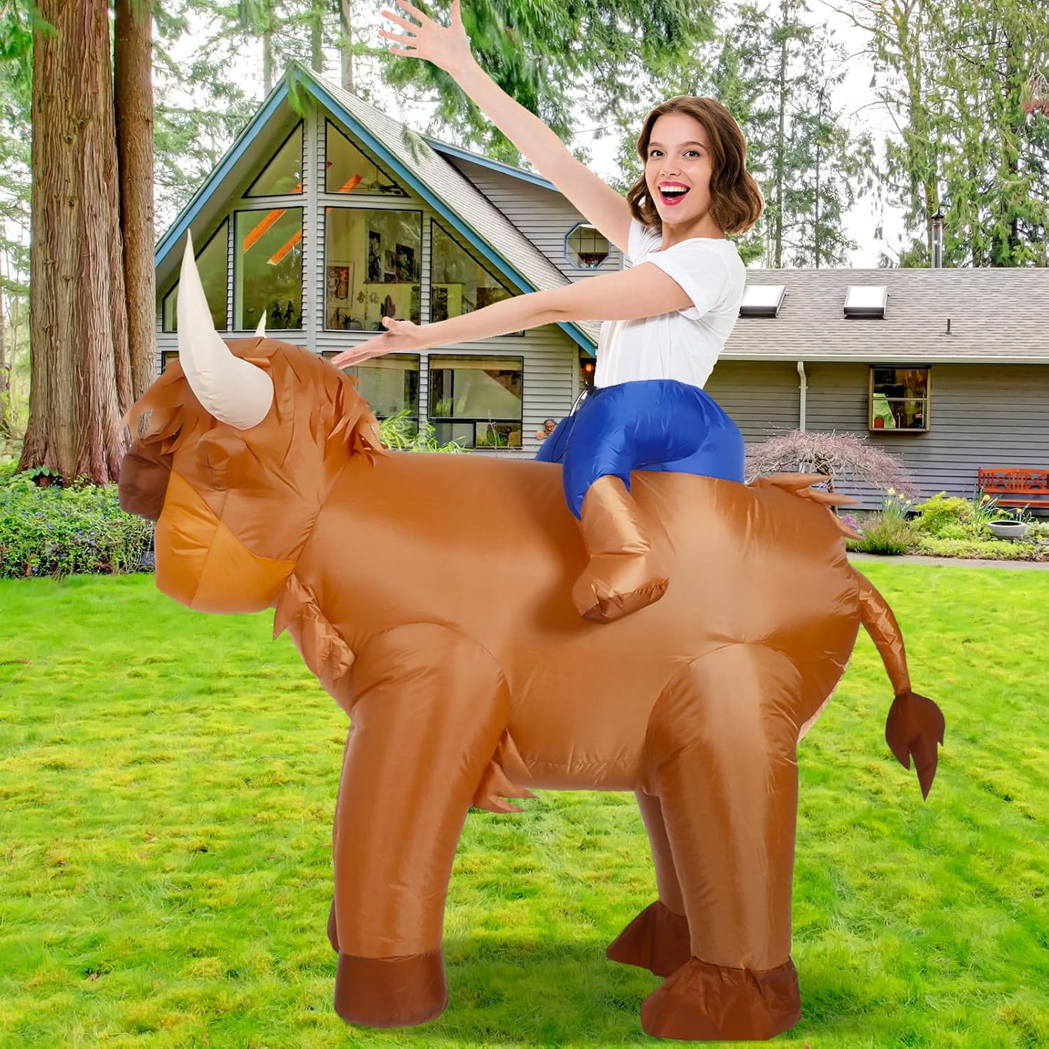 Simgoing Inflatable Highland Cow Costume - Adult Halloween Blow Up Cow Themed Party Costume Cosplay Ride On Animal Suit for Men & Women