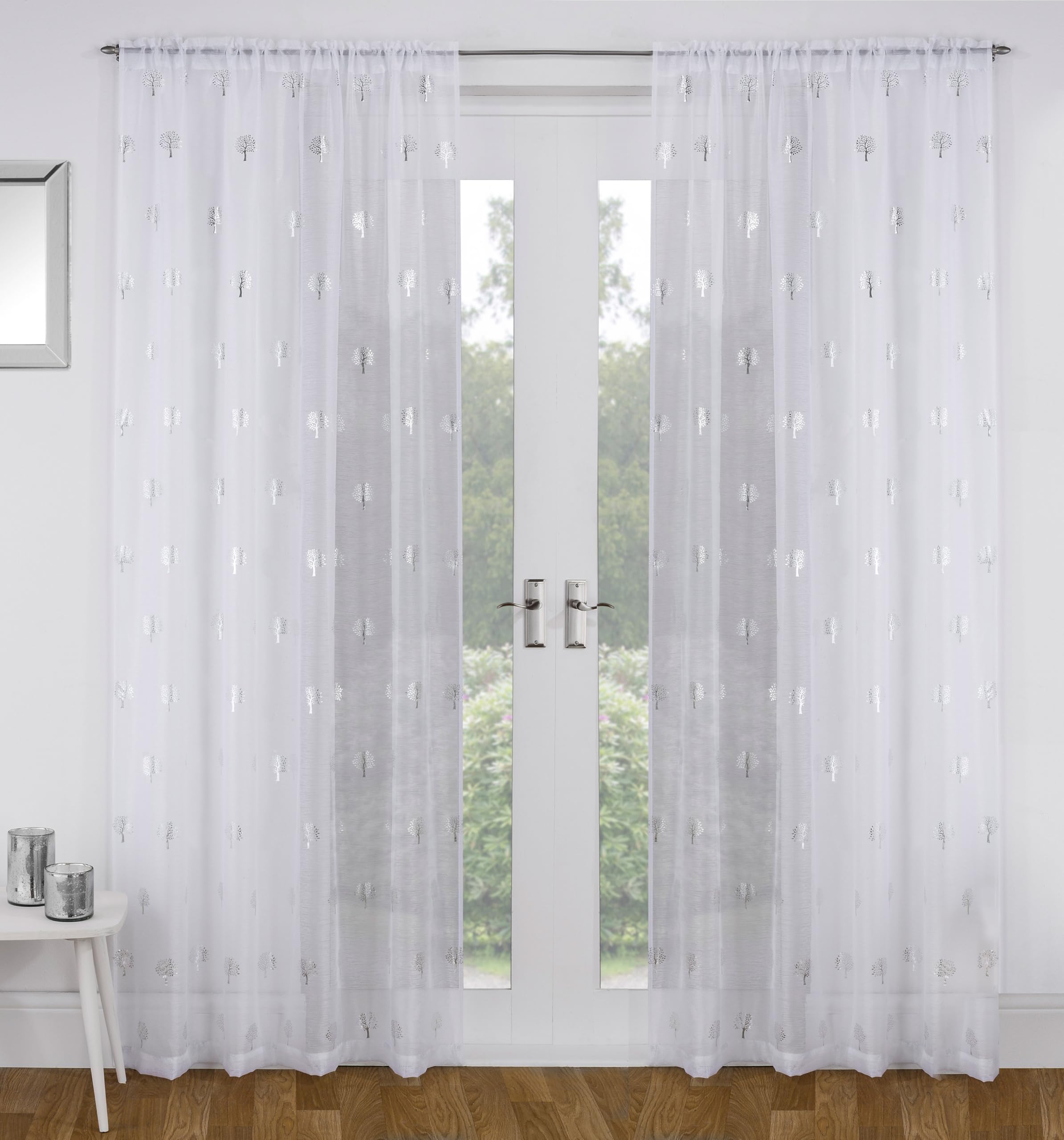 Tyrone Textiles Pair of Birch White Metallic Tree Print Sheer Voile Panels 137 CMS with Rod Pocket Header