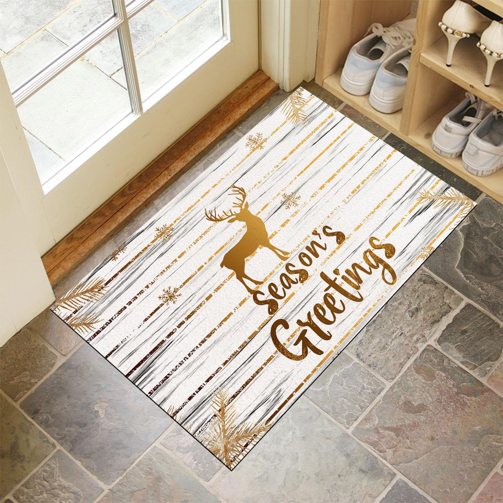 Tapetes Lavables Para Interiores Pequeños, Reno Navideño Con Lámina Dorada, Veta Madera Sencilla, Suave Antideslizante, Felpudo De Pelo Corto Para Entrada Pasillo Dormitorio (Oro Blanco, 80X120Cm)